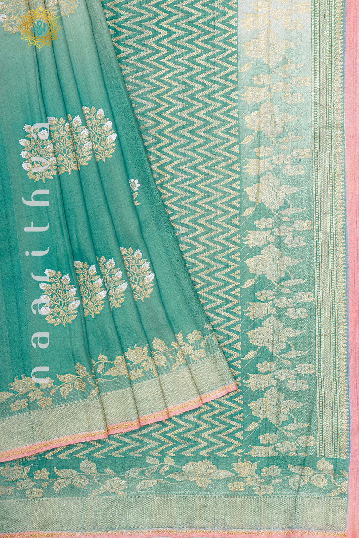 DUAL SHADE OF AQUA GREEN WITH PEACH - PURE HAND PAINTED TUSSAR GEORGETTE