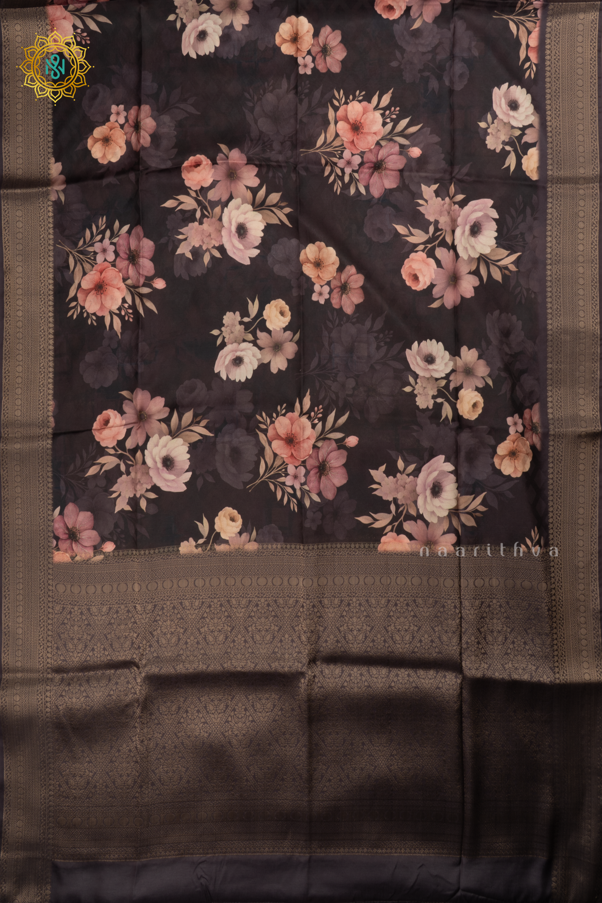 Black with Elephant Grey Semi Crepe Silk Saree with Printed Body, Zari Border, and Zari Pallu