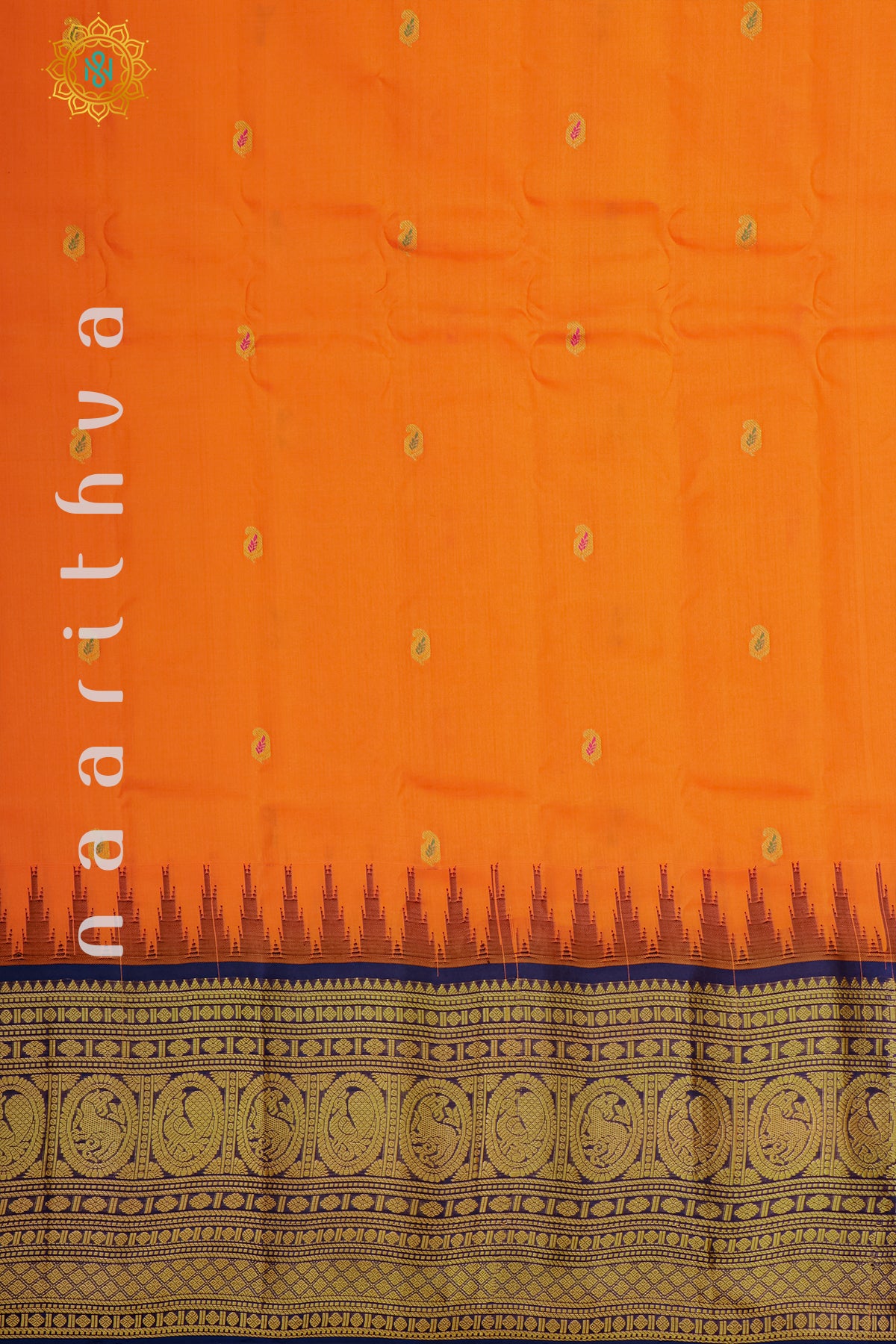 ORANGE WITH NAVY BLUE - PURE GADWAL SILK