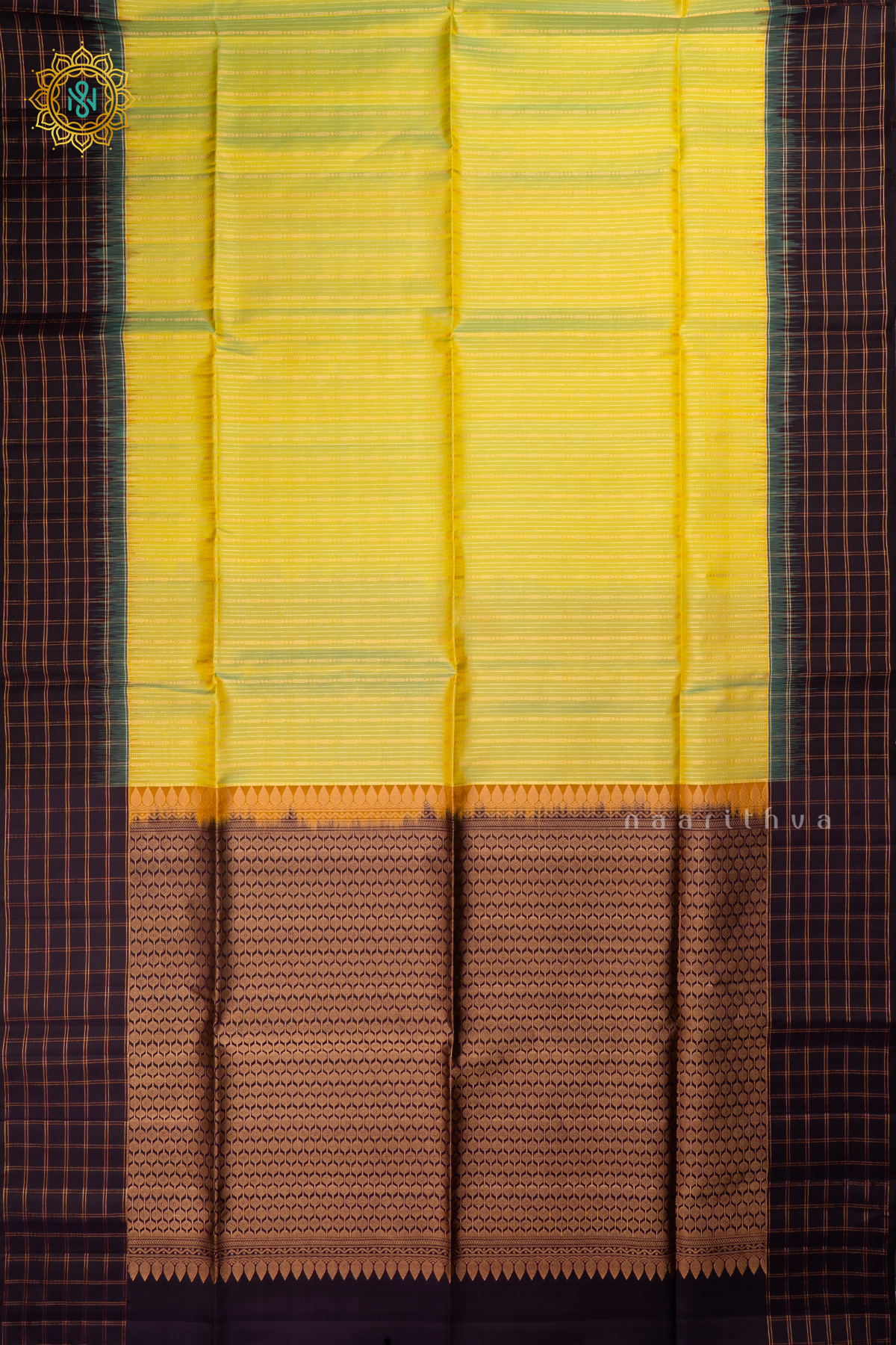 Dual Shade of Lemon Yellow and Sage Green with Navy Blue Pure Kanjivaram Soft Silk Saree With Allover Zari Stripes and Contrast Zari Checks Border