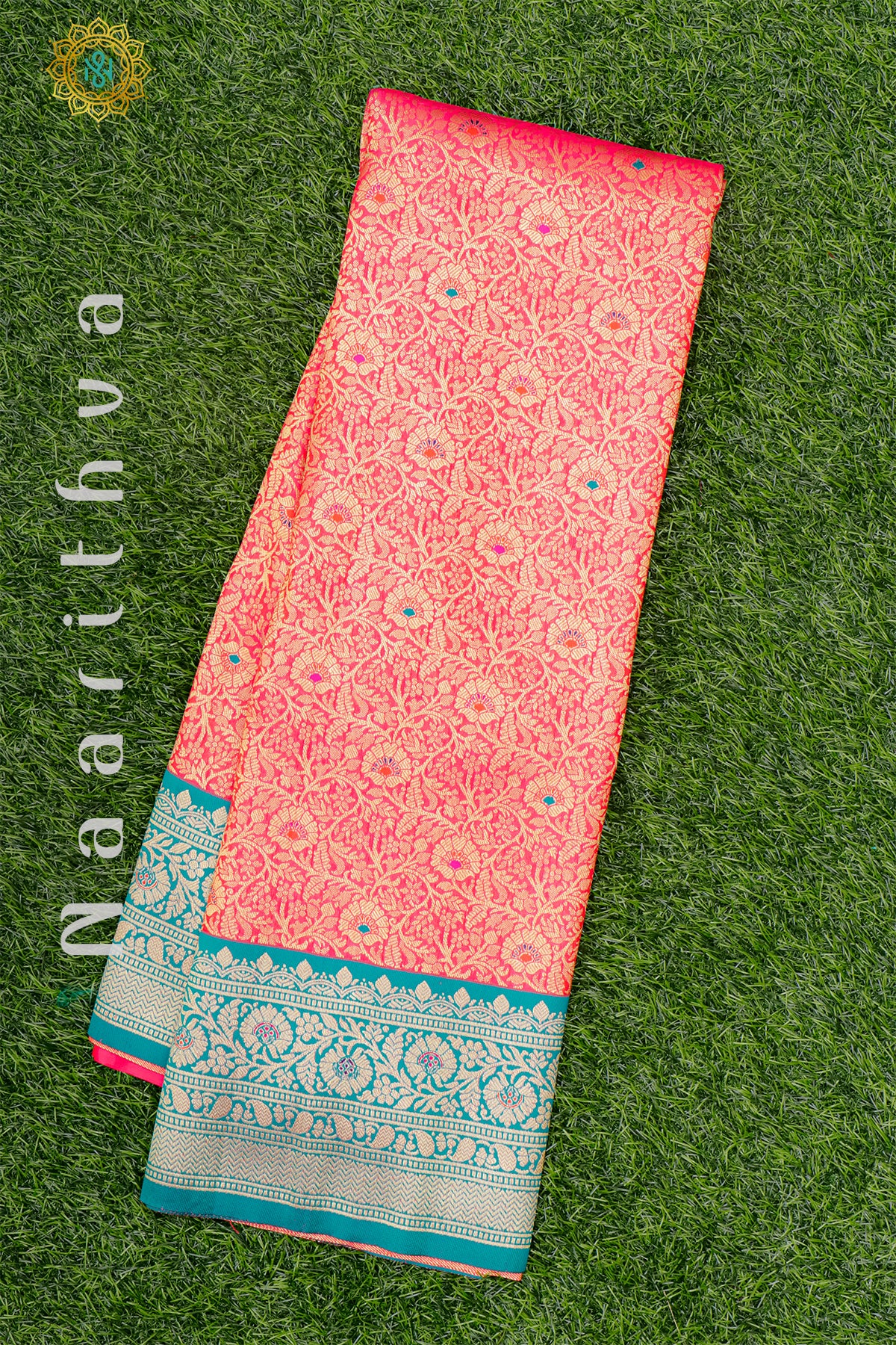 PINKISH ORANGE WITH CYAN GREEN - SEMI KANCHI