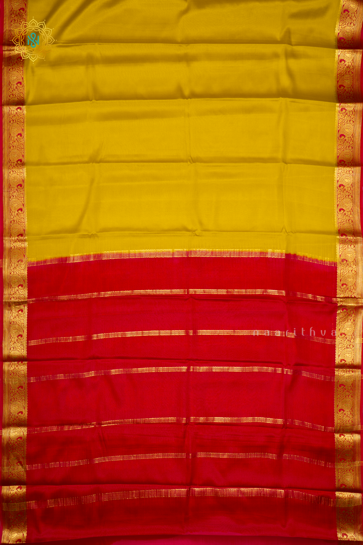 LEMON YELLOW WITH PINK - PURE MYSORE CREPE SILK