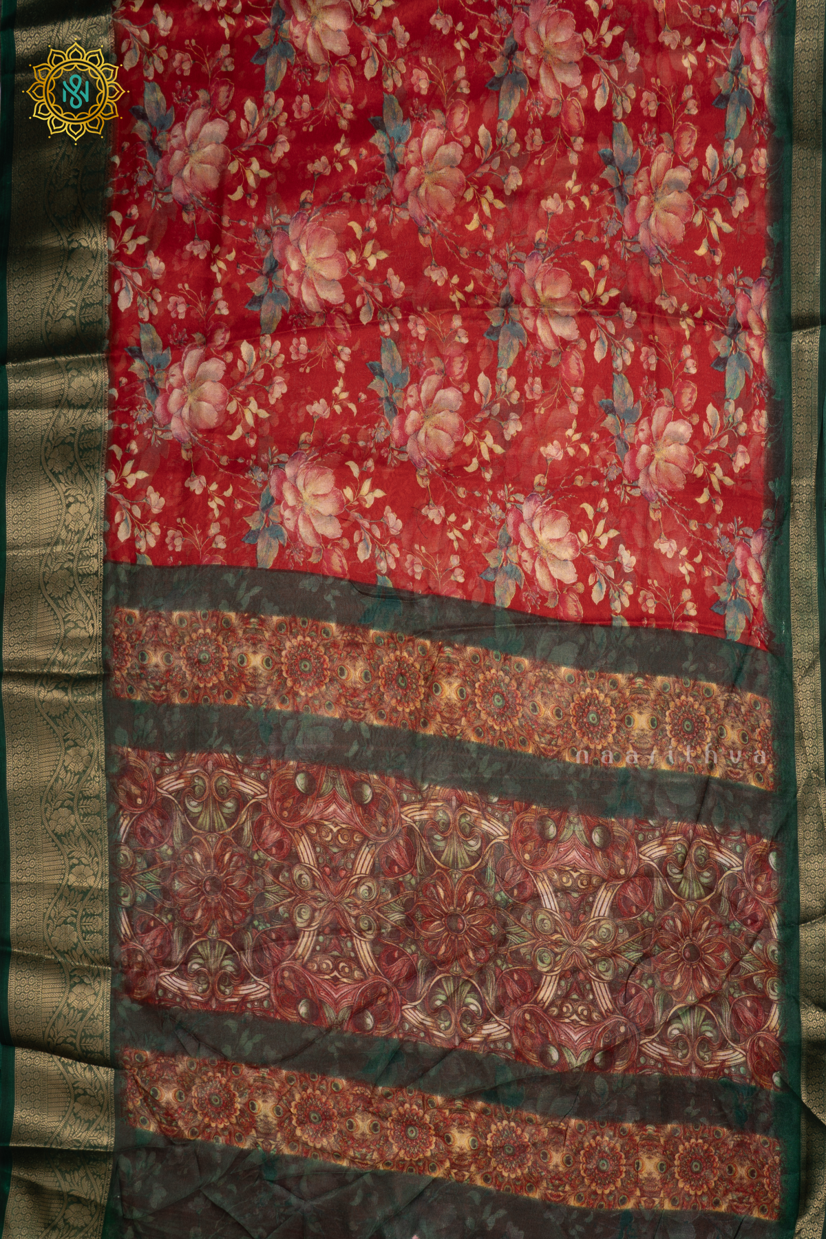 RED WITH BOTTLE GREEN - SEMI GEORGETTE FLORAL PRINTED BODY WITH CONTRAST ZARI BORDER
