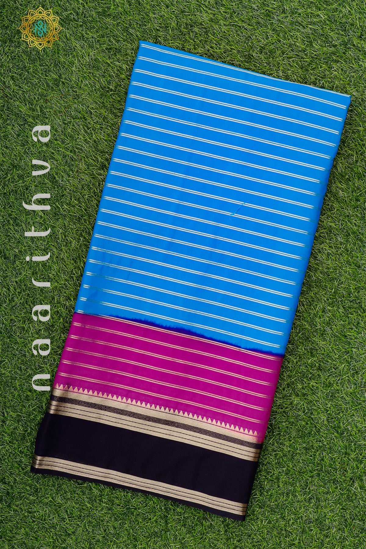 SKY BLUE WITH PINK & NAVY BLUE - SEMI MYSORE CREPE SILK