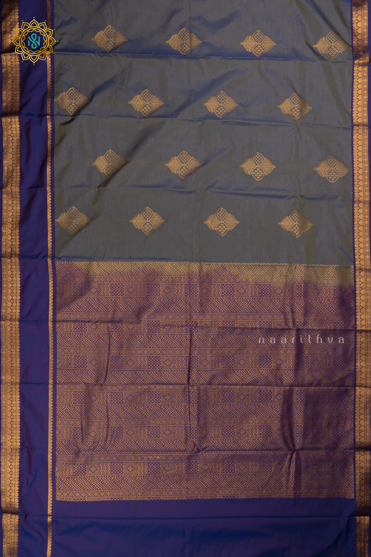 Dual shade of Grey with Blue Semi Kanchi Saree With Zari Buttas All Over And Contrast Zari Gap Border