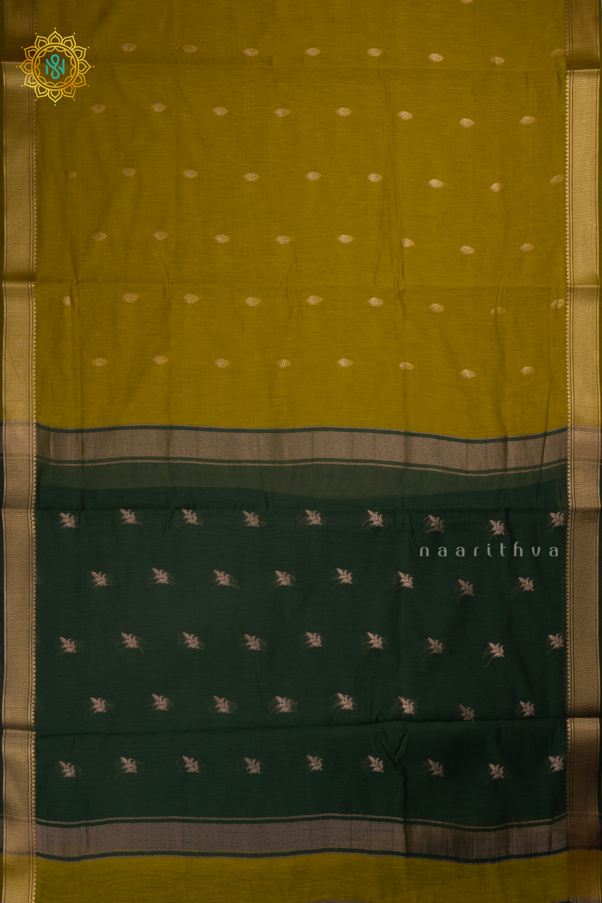 Lemon Green With Bottle Greeen Silk Cotton Saree With Zari Woven Buttas And Contrast Zari Border