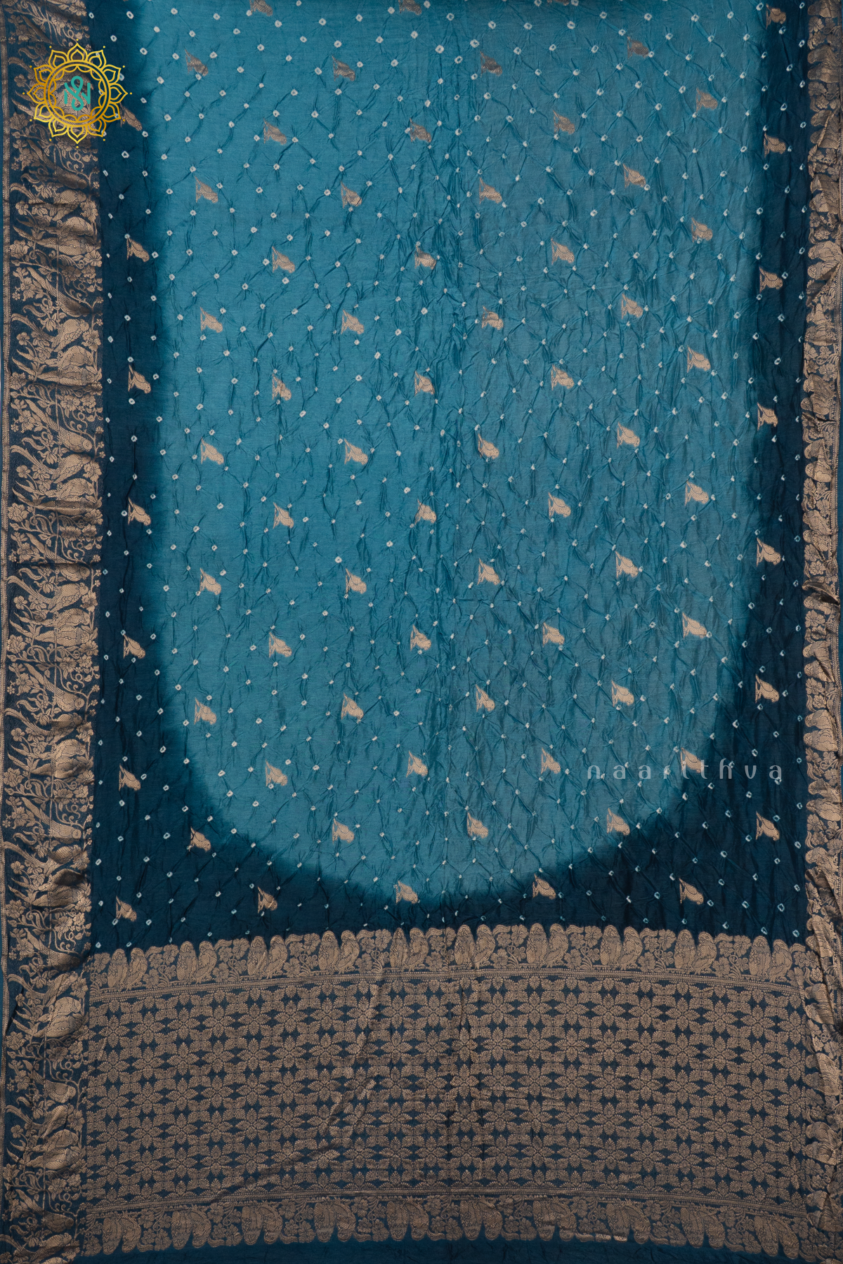 SKY BLUE WITH PEACOCK BLUE - SEMI TUSSAR WITH BANDHINI TIE & DYE