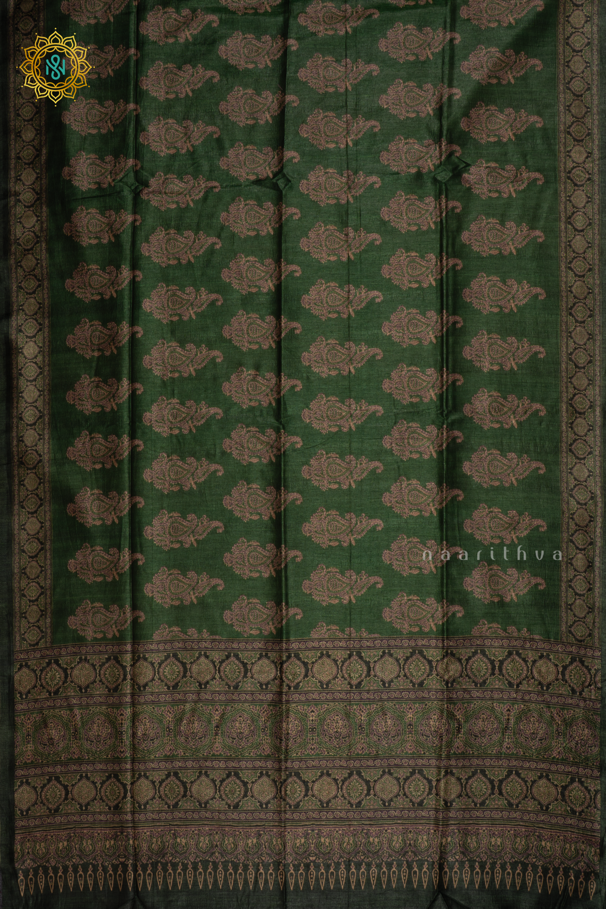 Green Semi Tussar Silk With Printed Body And Ajrakh Printed Pallu
