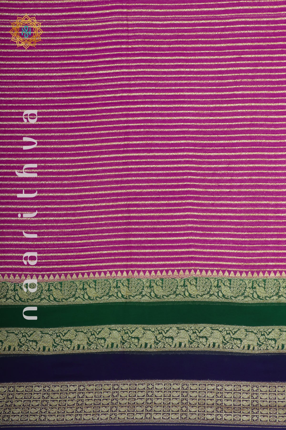 PINK WITH GREEN & NAVY BLUE - PURE BANARASI KHADDI GEORGETTE