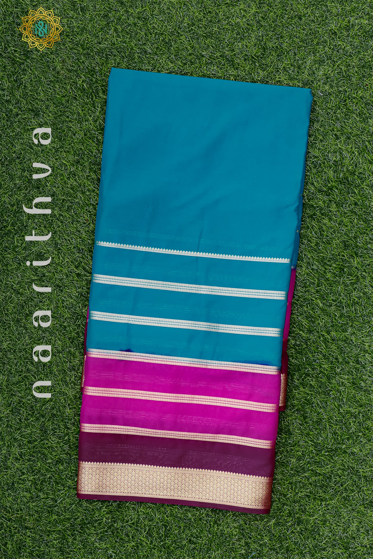 SKY BLUE WITH PINK & WINE - SEMI MYSORE CREPE SILK