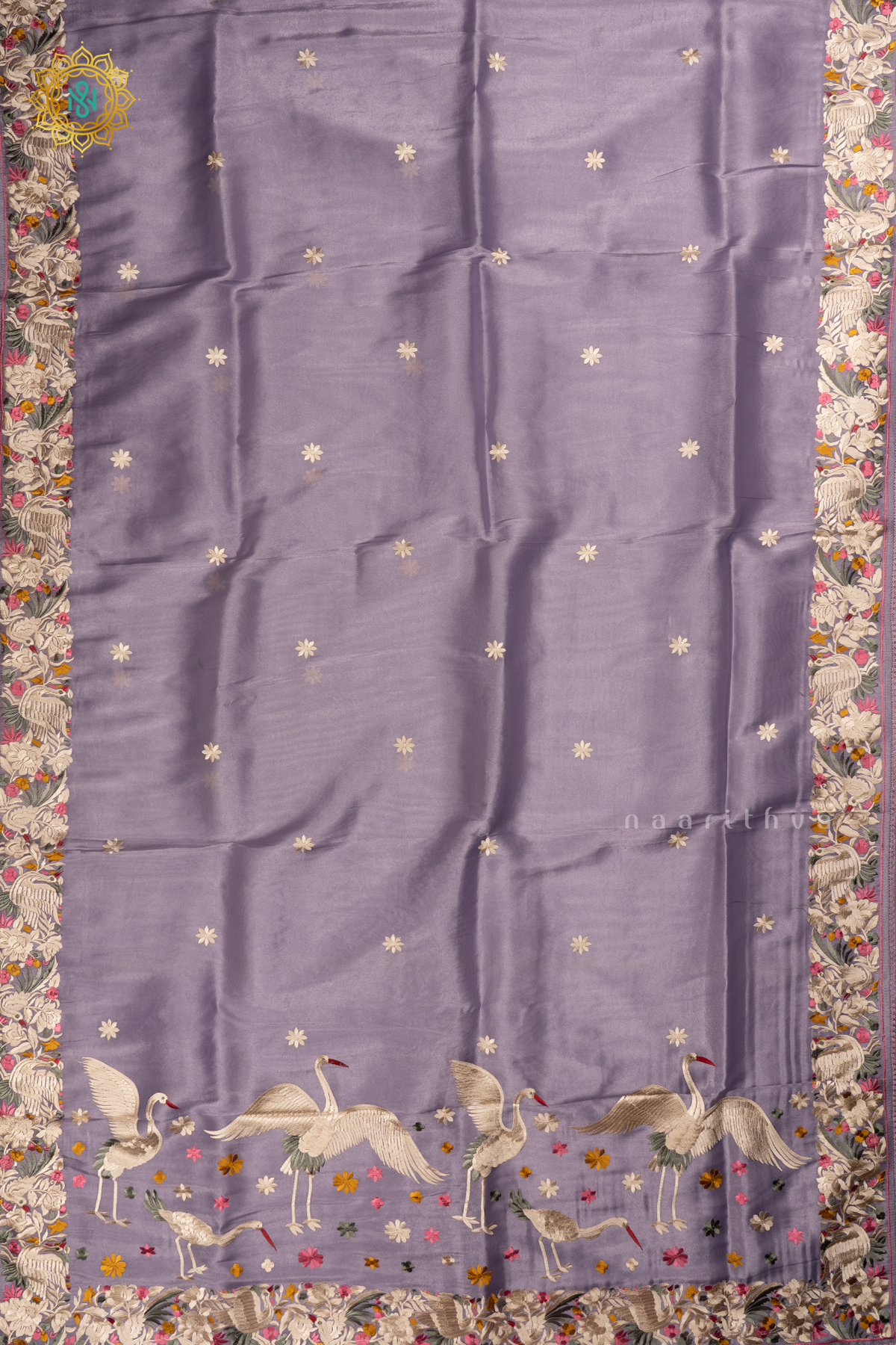 Light Purple Tissue Organza Saree All Over Hand Embroidery Buttas with Hand Embroidery Border