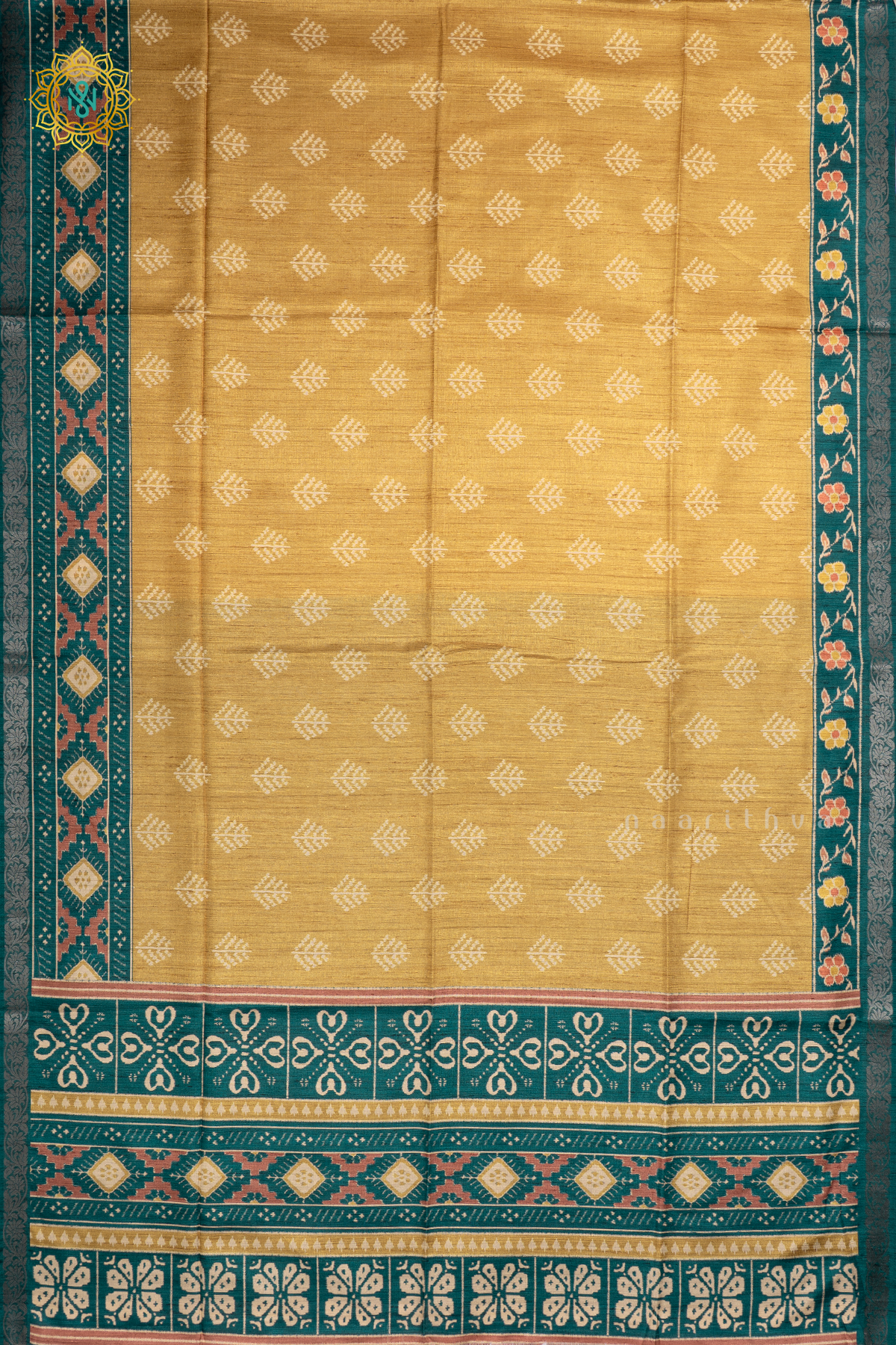 YELLOW WITH BLUE - SEMI KOTHA CREPE WITH PRINTED BODY AND ZARI BORDER