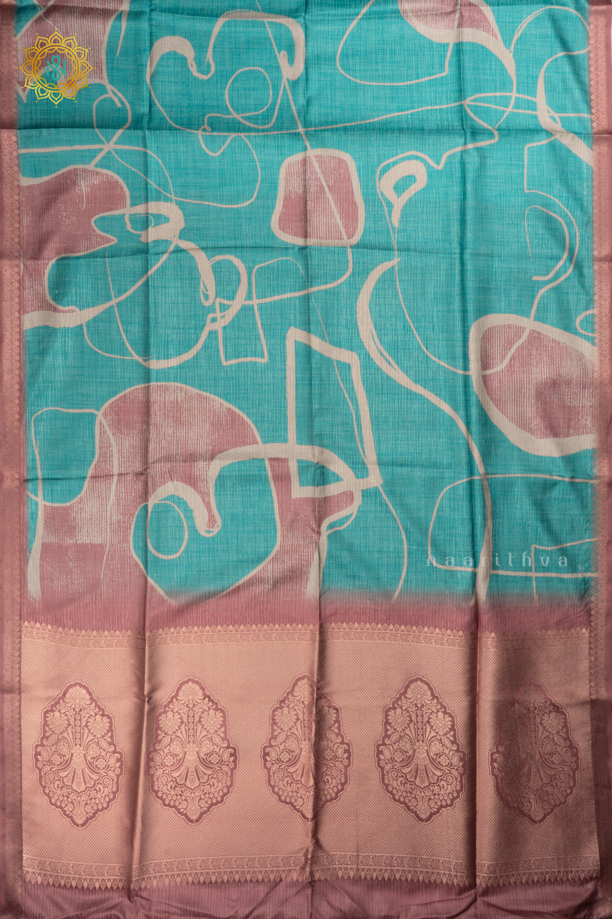 Aqua Blue with Light Brown Semi Crepe Silk Saree with Printed Body, Zari Border, and Zari Pallu