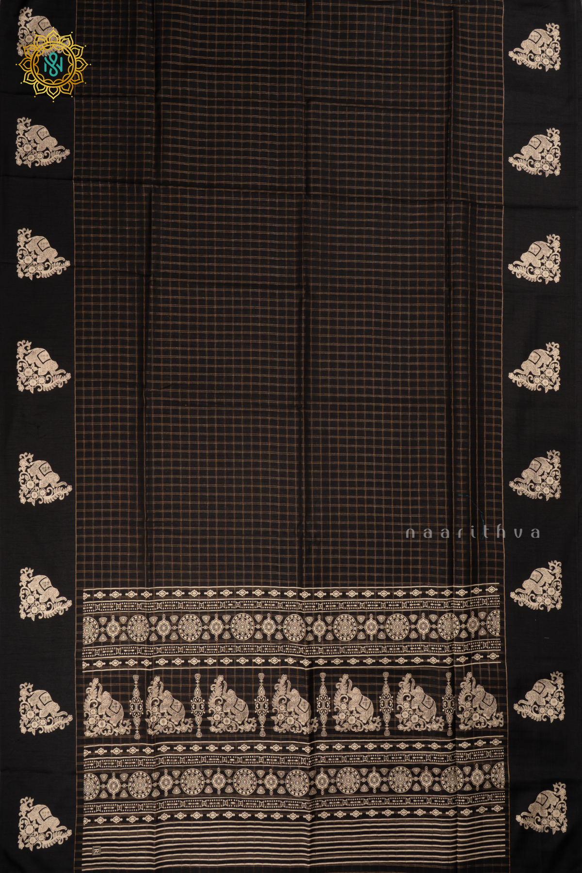 Black - Dola Silk Saree Allover Zari Checks and Printed Pallu with Satin Printed Border
