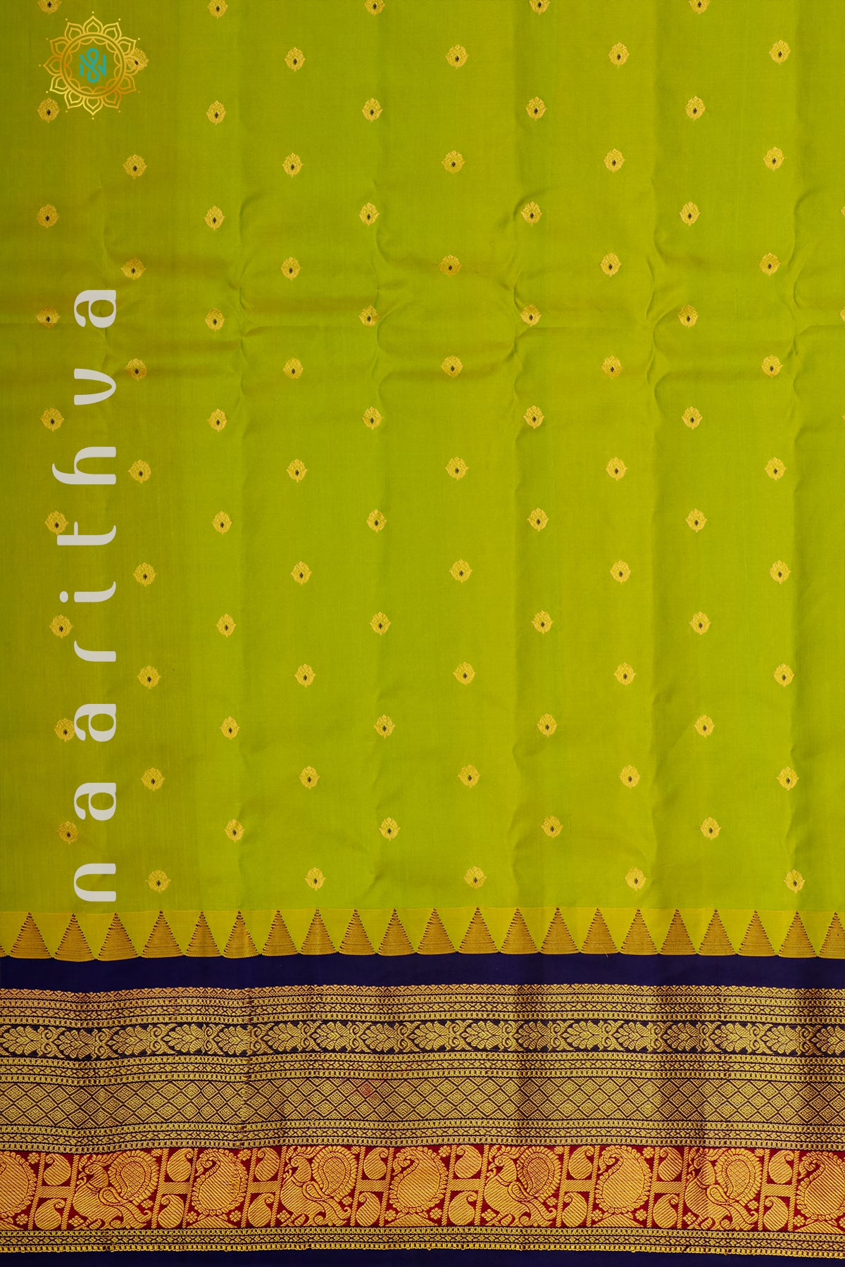 GREEN WITH NAVY BLUE - PURE GADWAL SILK