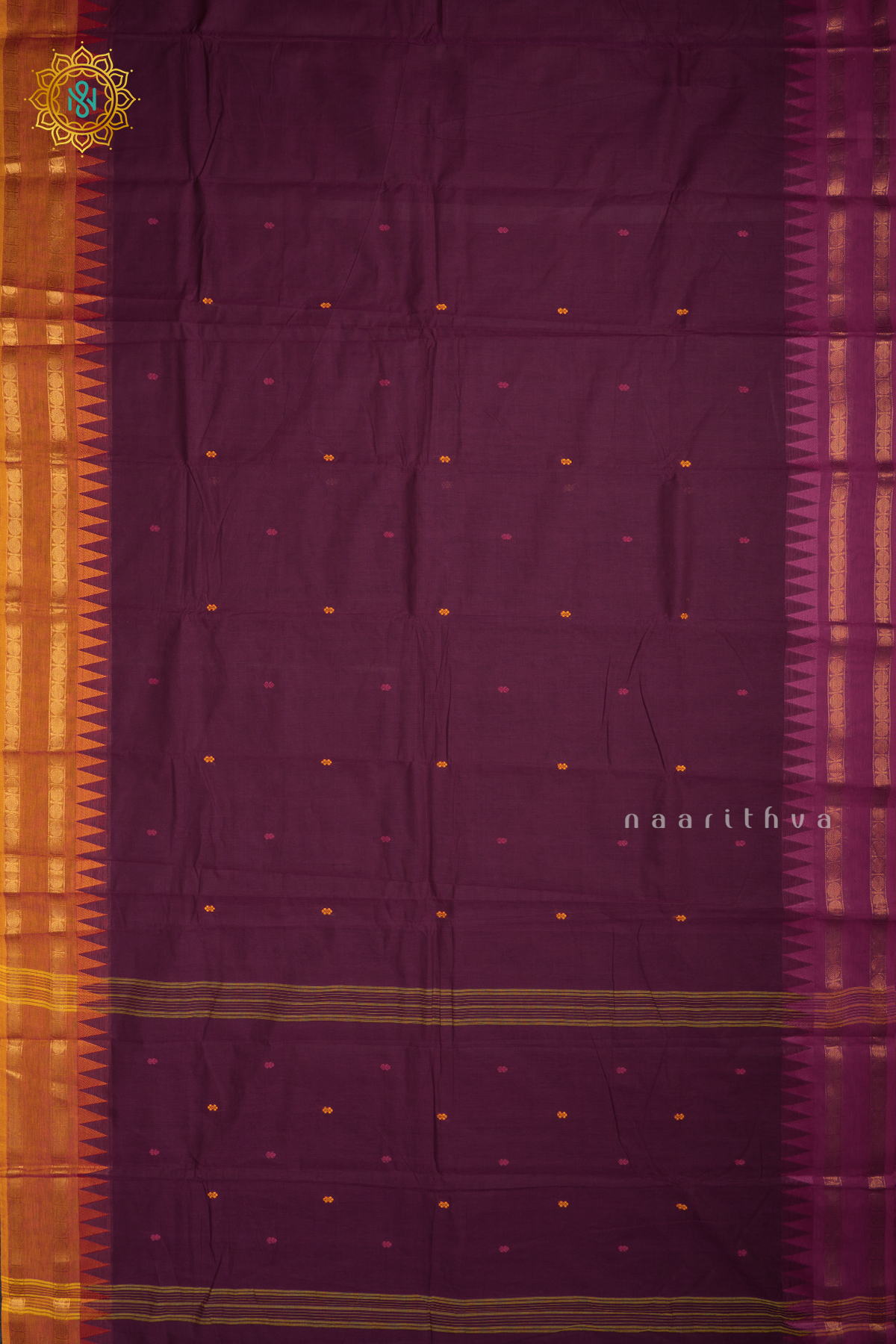Wine With Pink & Mustard Chettinad Cotton Saree With Thread Woven Buttas & Ganga Jamuna Contrast Border