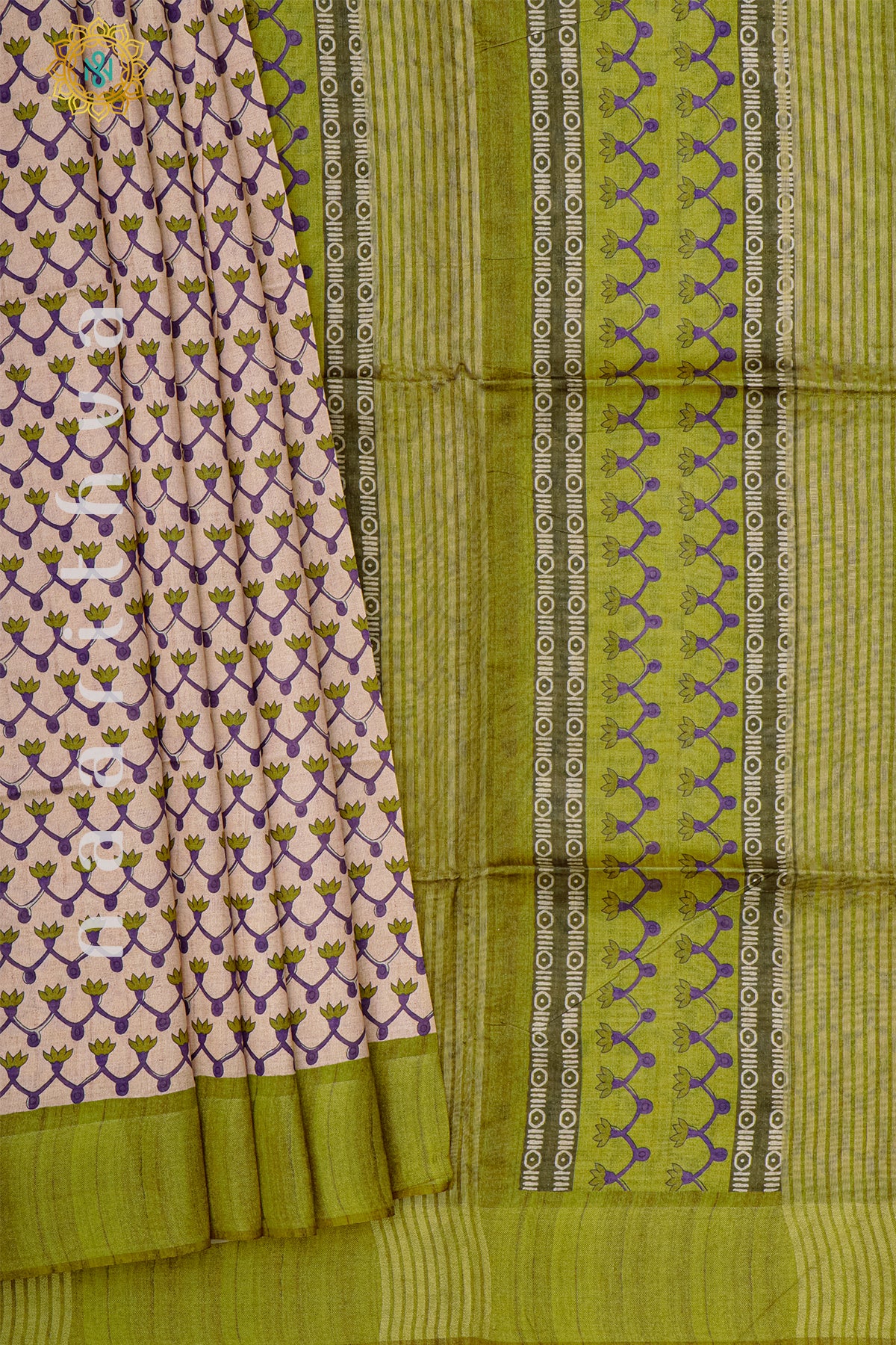 BIEGE WITH GREEN - SEMI TUSSAR SILK