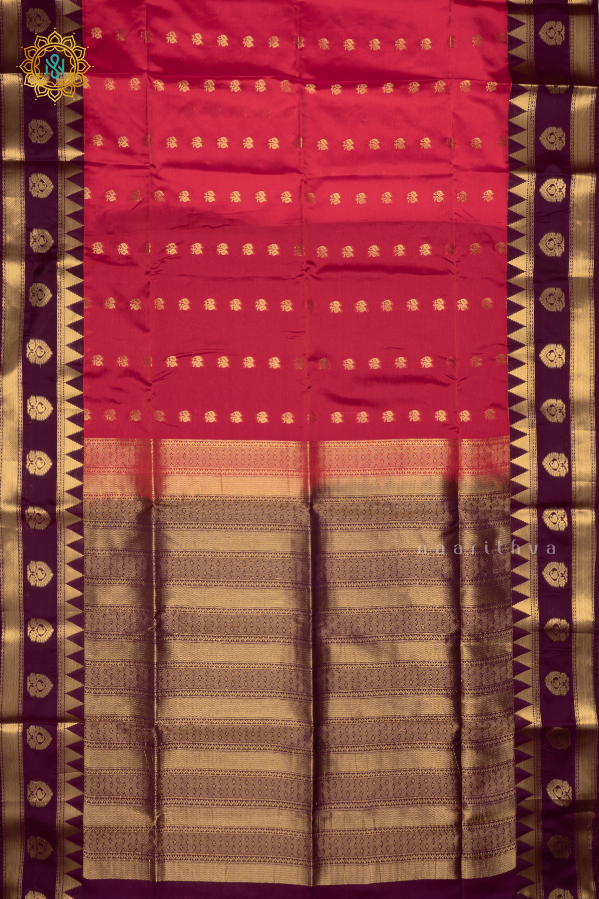 RED WITH PURPLE - SEMI SOFT SILK SAREE ALLOVER ZARI BUTTAS AND CONTRAST TEMPLE RISING GAP BORDER