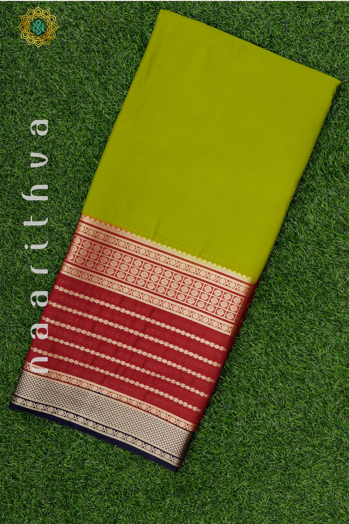 PARROT GREEN WITH MAROON & NAVY BLUE - SEMI MYSORE CREPE SILK