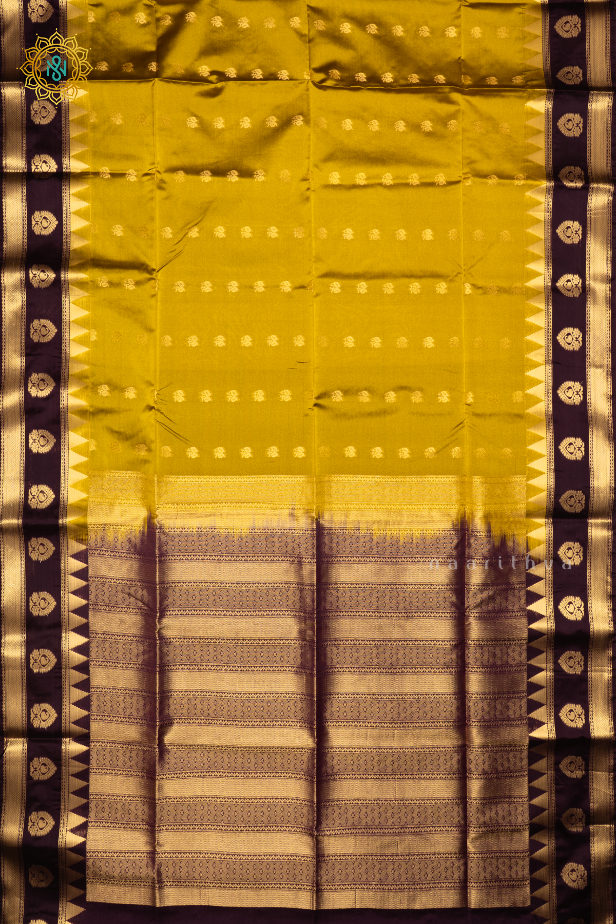 LEMON YELLOW WITH DEEP WINE - SEMI SOFT SILK SAREE ALLOVER ZARI BUTTAS AND CONTRAST TEMPLE RISING GAP BORDER