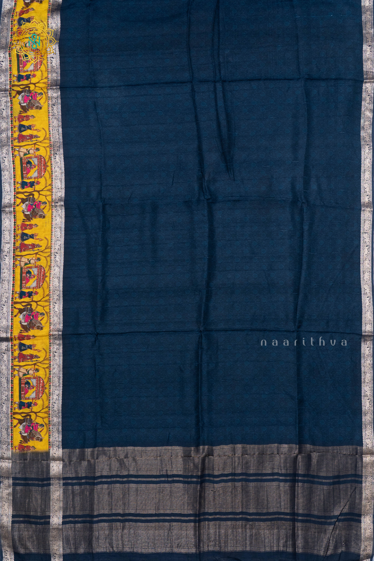 PEACOCK BLUE WITH YELLOW - SEMI CREPE SILK