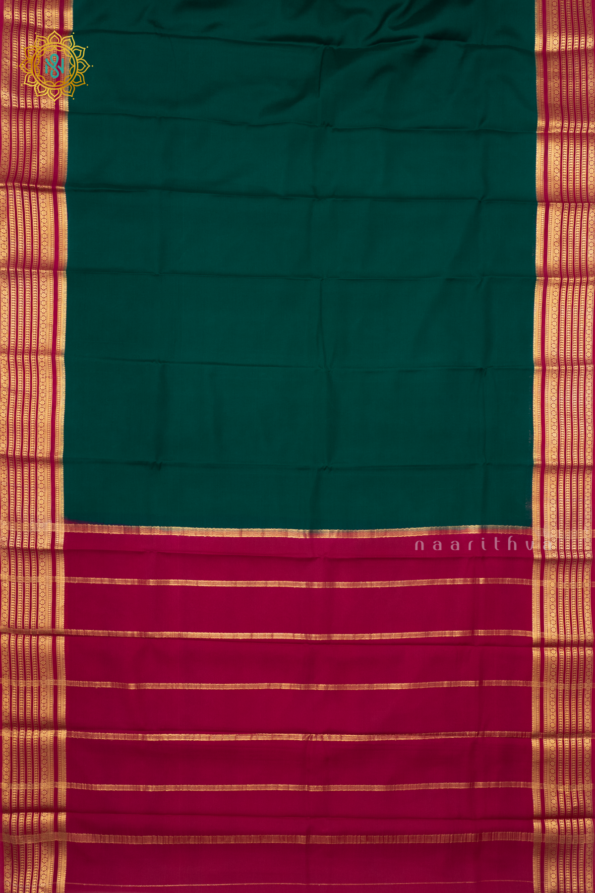 BOTTLE GREEN WITH PINK - PURE MYSORE CREPE SILK