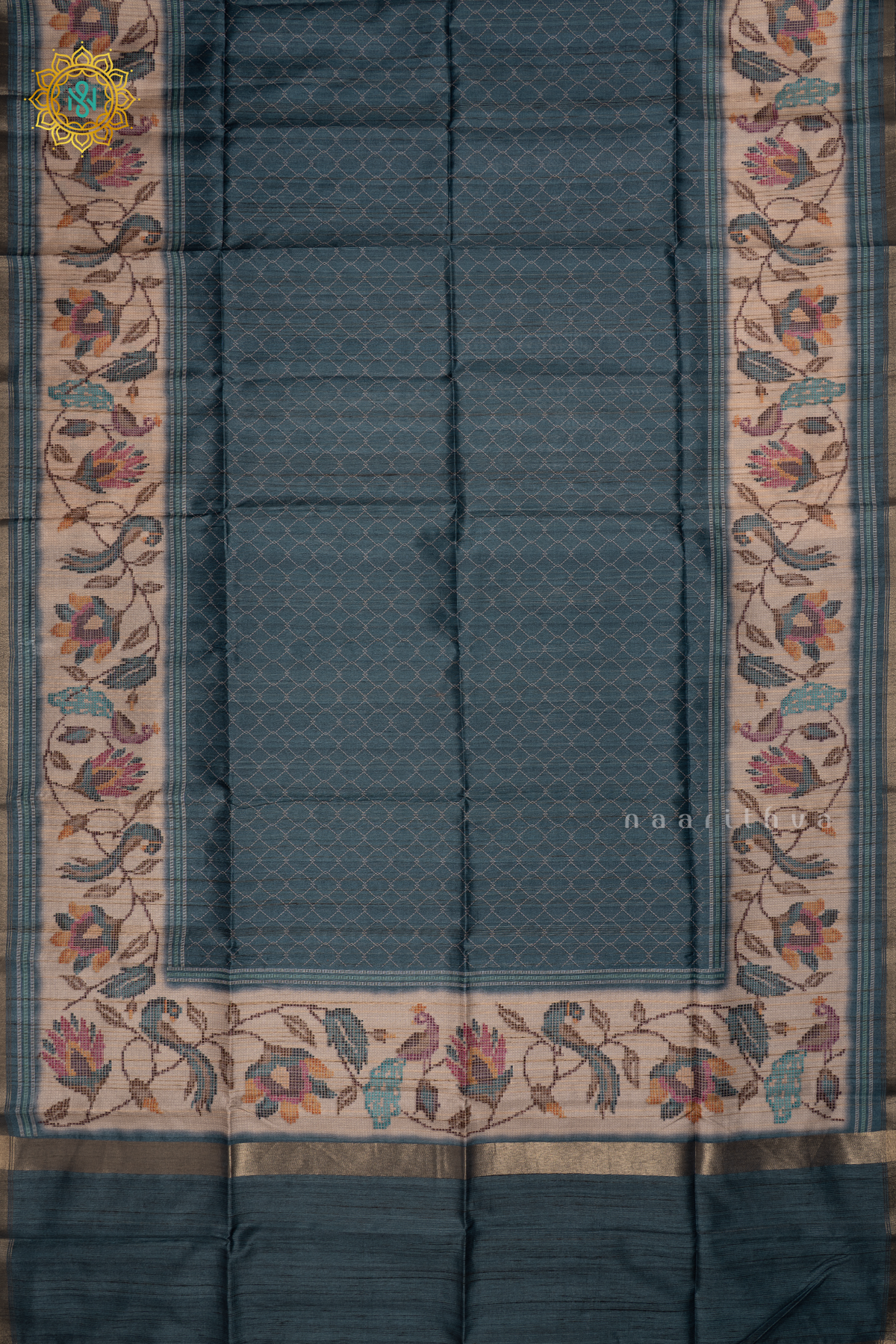 Blue Semi Tussar Silk Saree With Printed Body And Printed Border