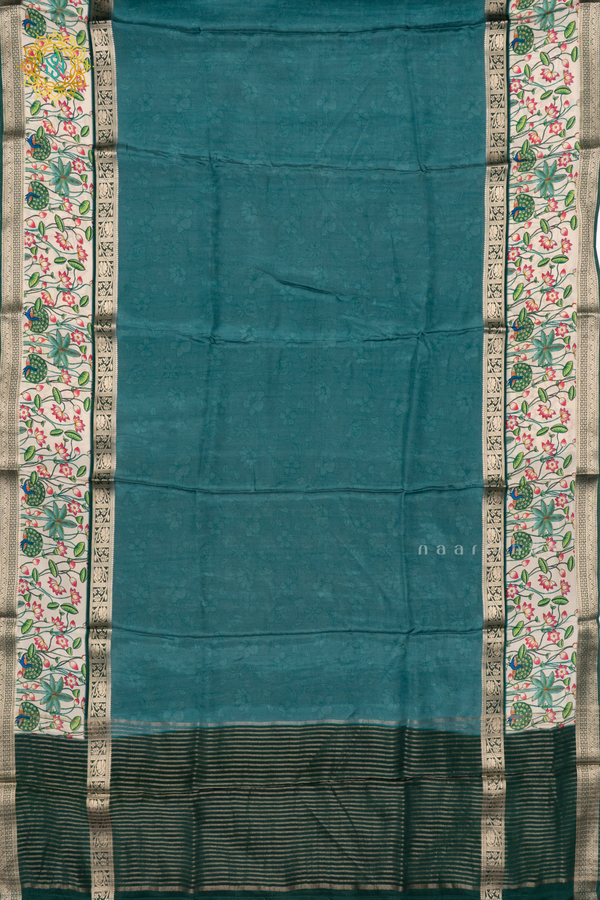 AQUA BLUE WITH OFF WHITE - SEMI CREPE SILK