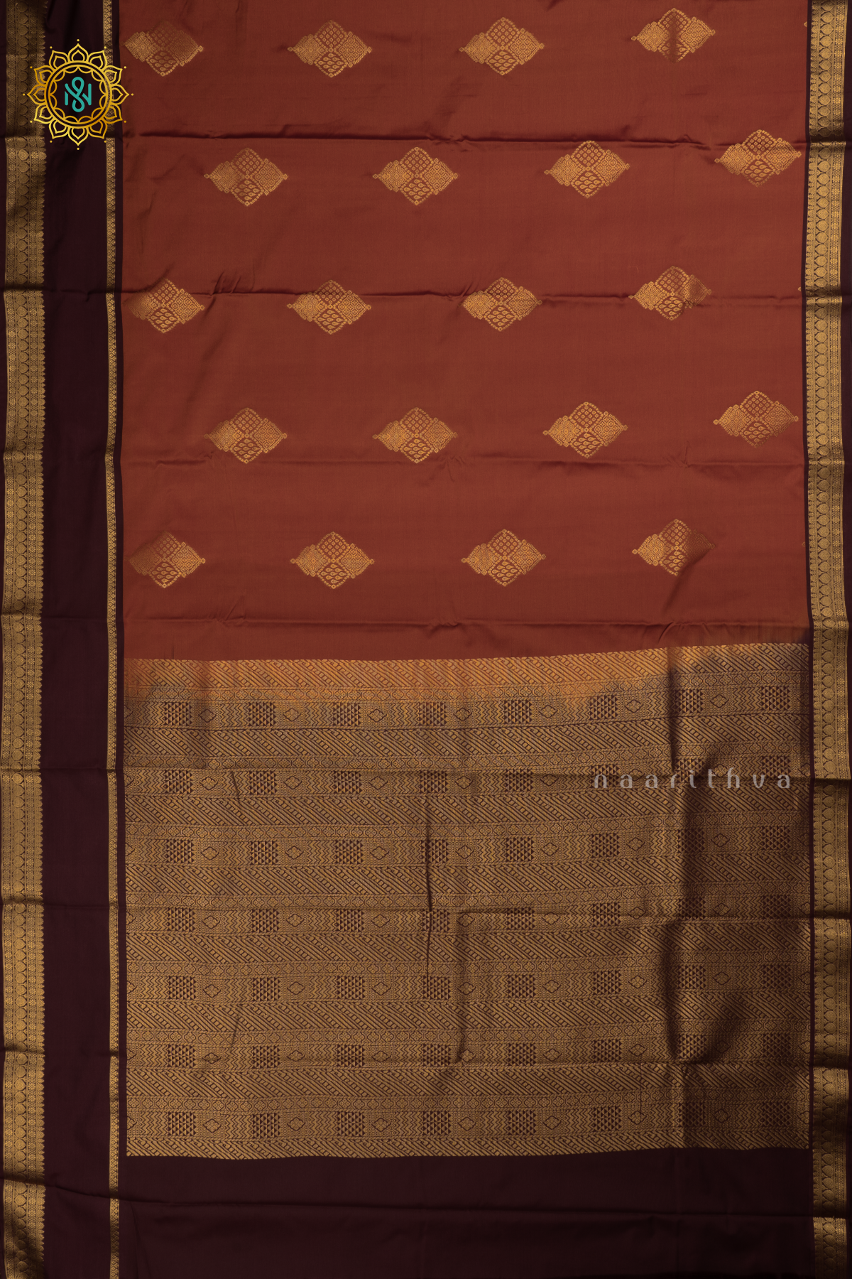 Rust Orange with Brown Semi Kanchi Saree With Zari Buttas All Over And Contrast Zari Gap Border