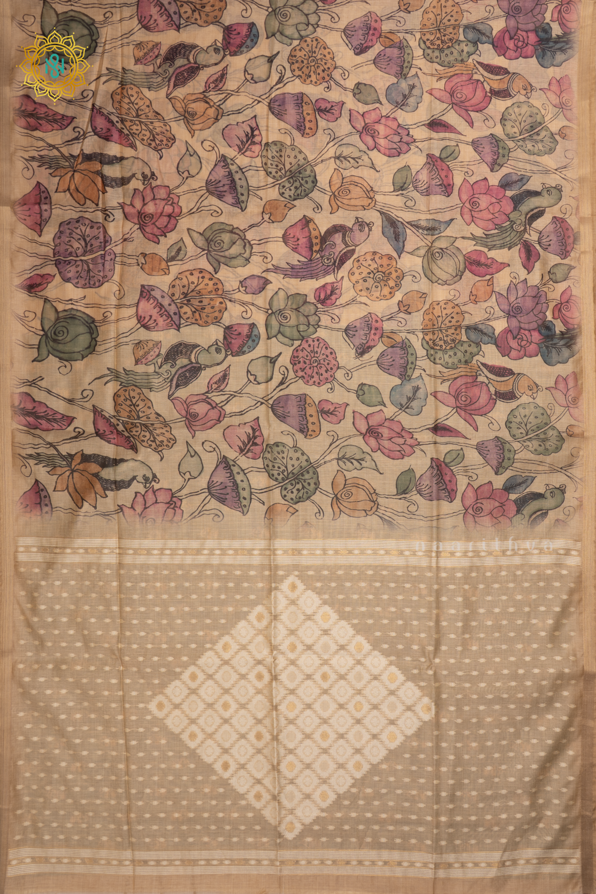 Beige With Light Green Linen By Cotton Saree With Kalamkari Prints On The Body