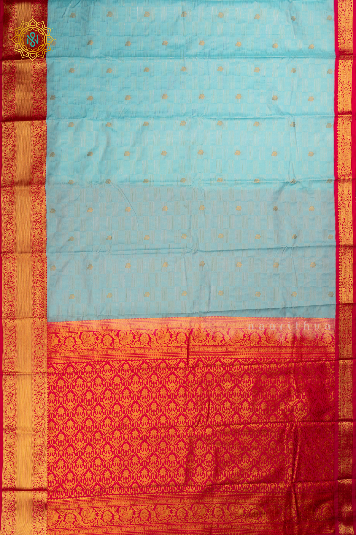Sky Blue with Pink Semi Kanchi Saree With Zari Buttas All Over And Contrast Zari Border