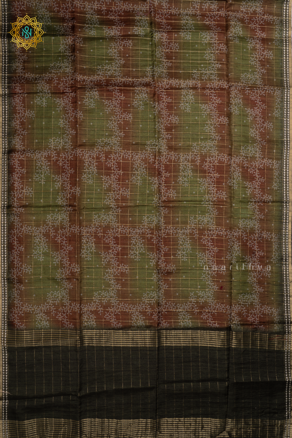 GREEN - KOTHA TUSSAR SAREE WITH PRINTED AND ZARI CHECKS BODY,  THREAD WOVEN BORDER