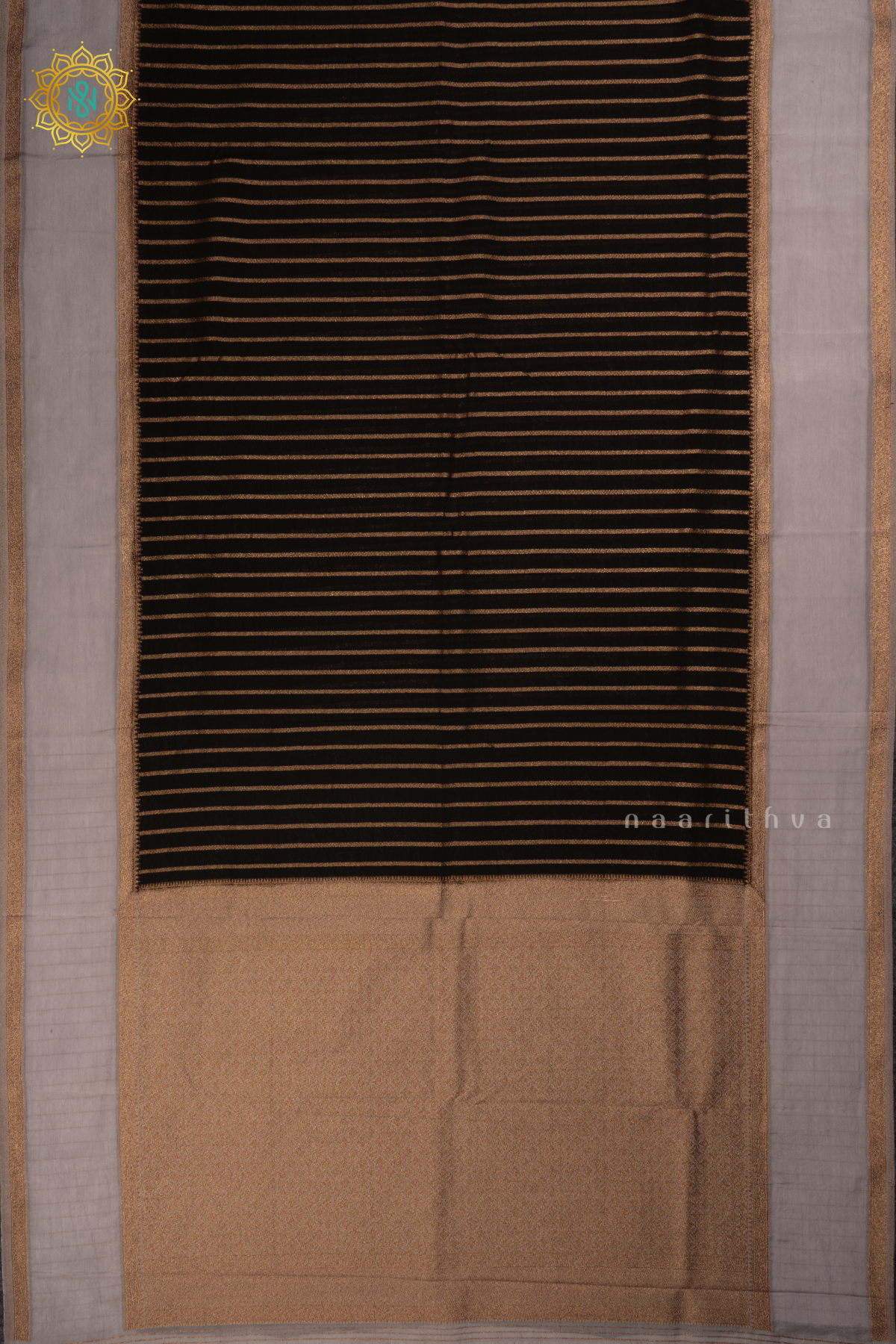 Black with Grey Semi Chiffon Georgette Saree with Allover Zari Stripes and Zari Gap Border