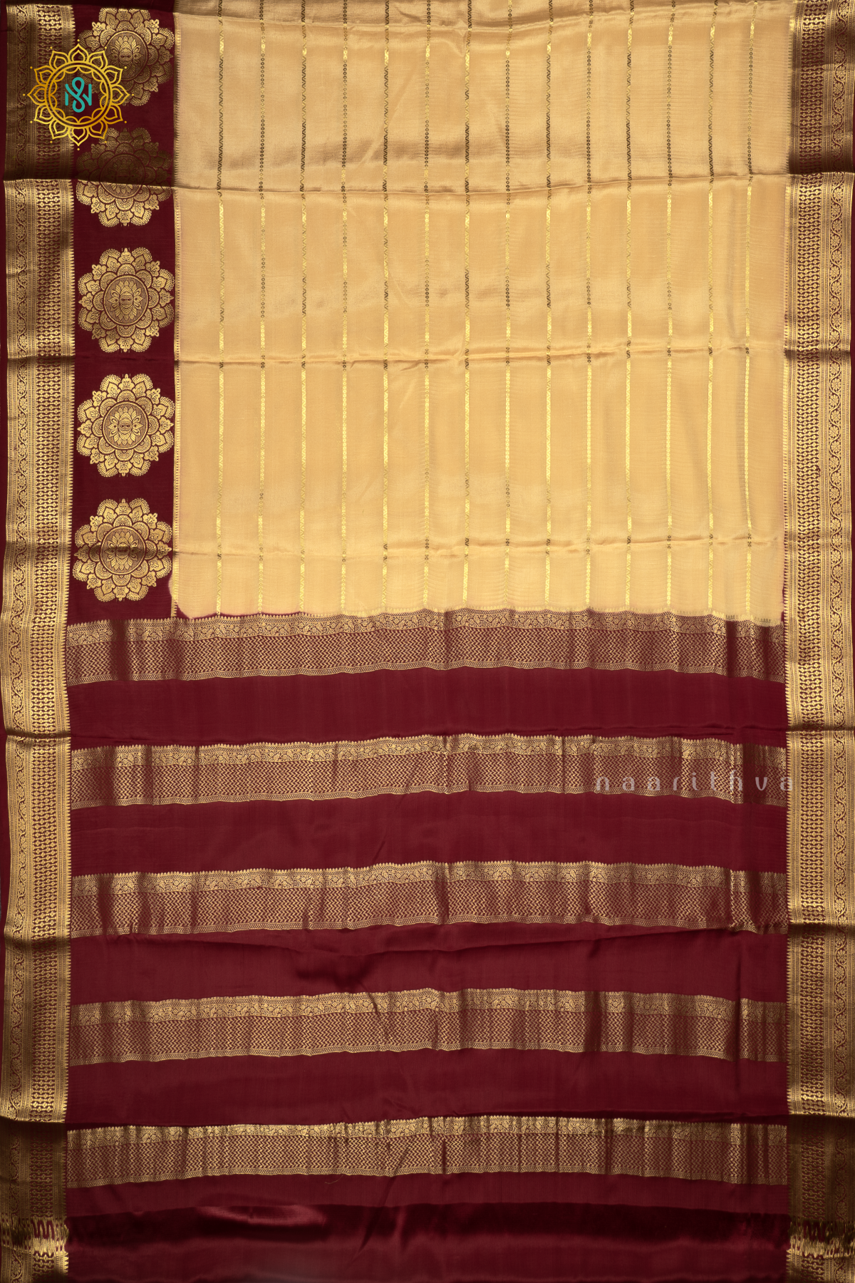 LIGHT BISCUIT WITH MAROON - PURE MYSORE CREPE SILK