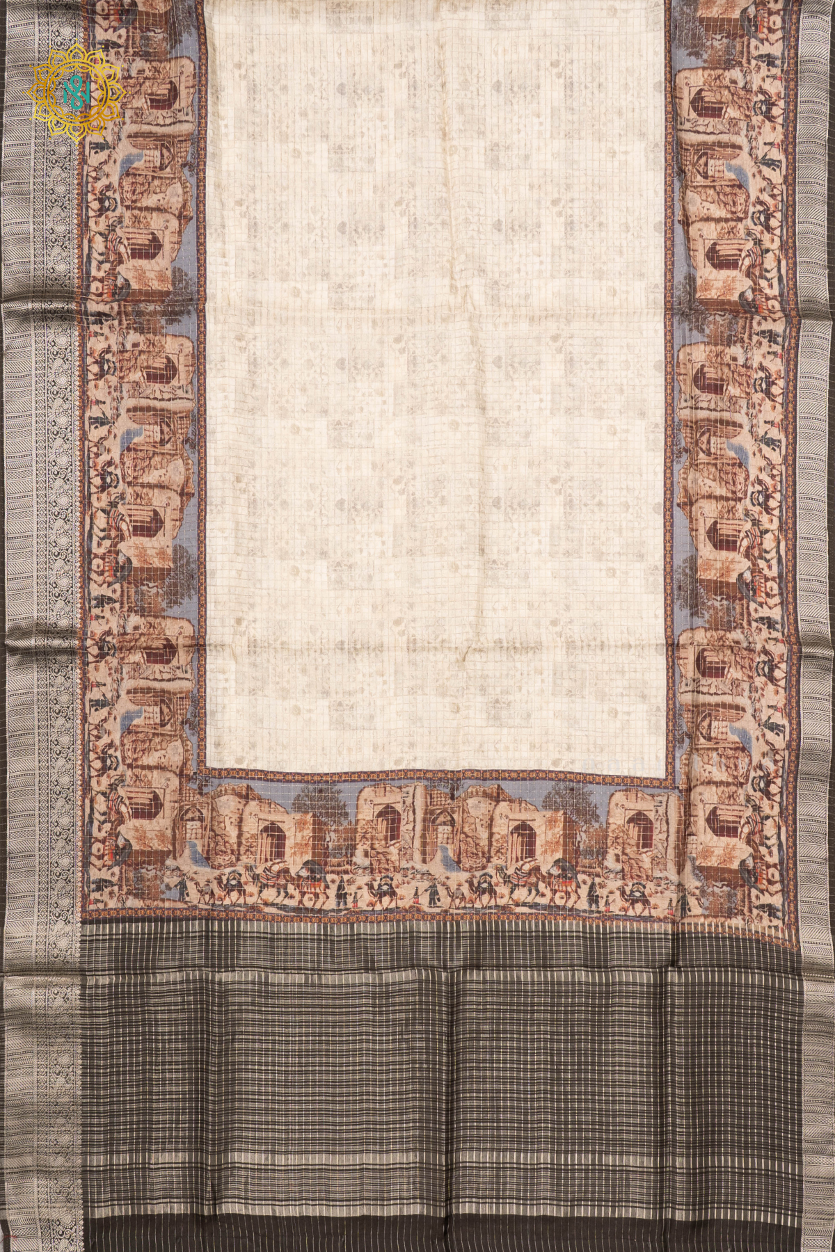 WHITE WITH OLIVE GREEN - SEMI CREPE SILK