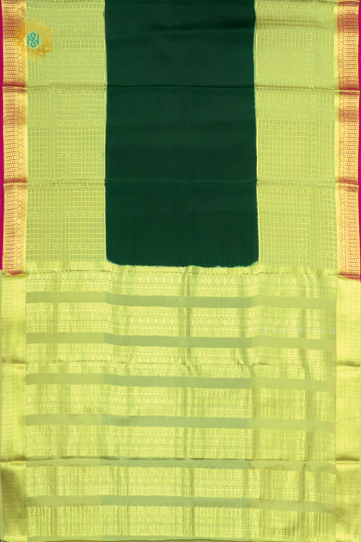 BOTTLE GREEN WITH LIGHT GREEN & PINK - PURE MYSORE CREPE SILK