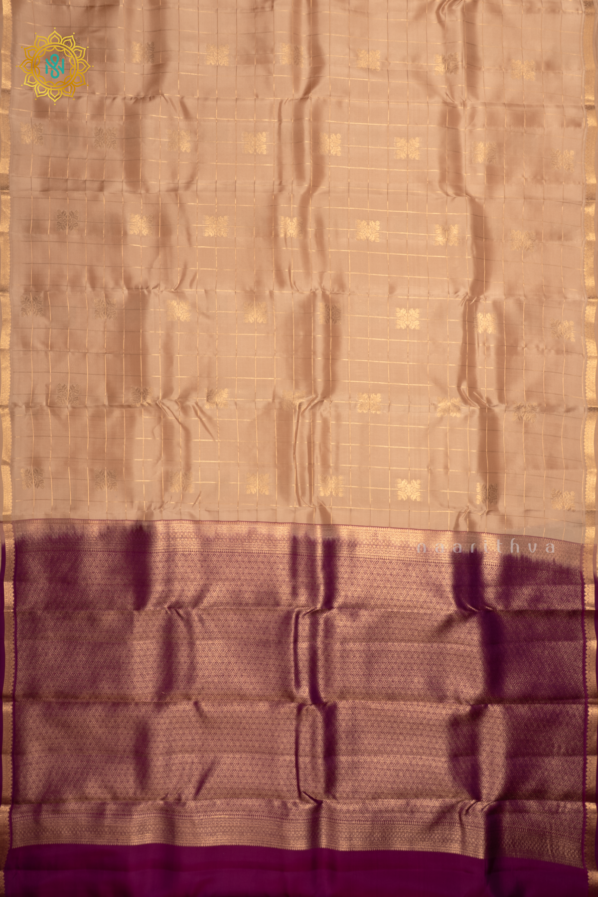Beige Semi Kanchi Silk Saree with Zari Checks And Buttas  All Over With Zari Border
