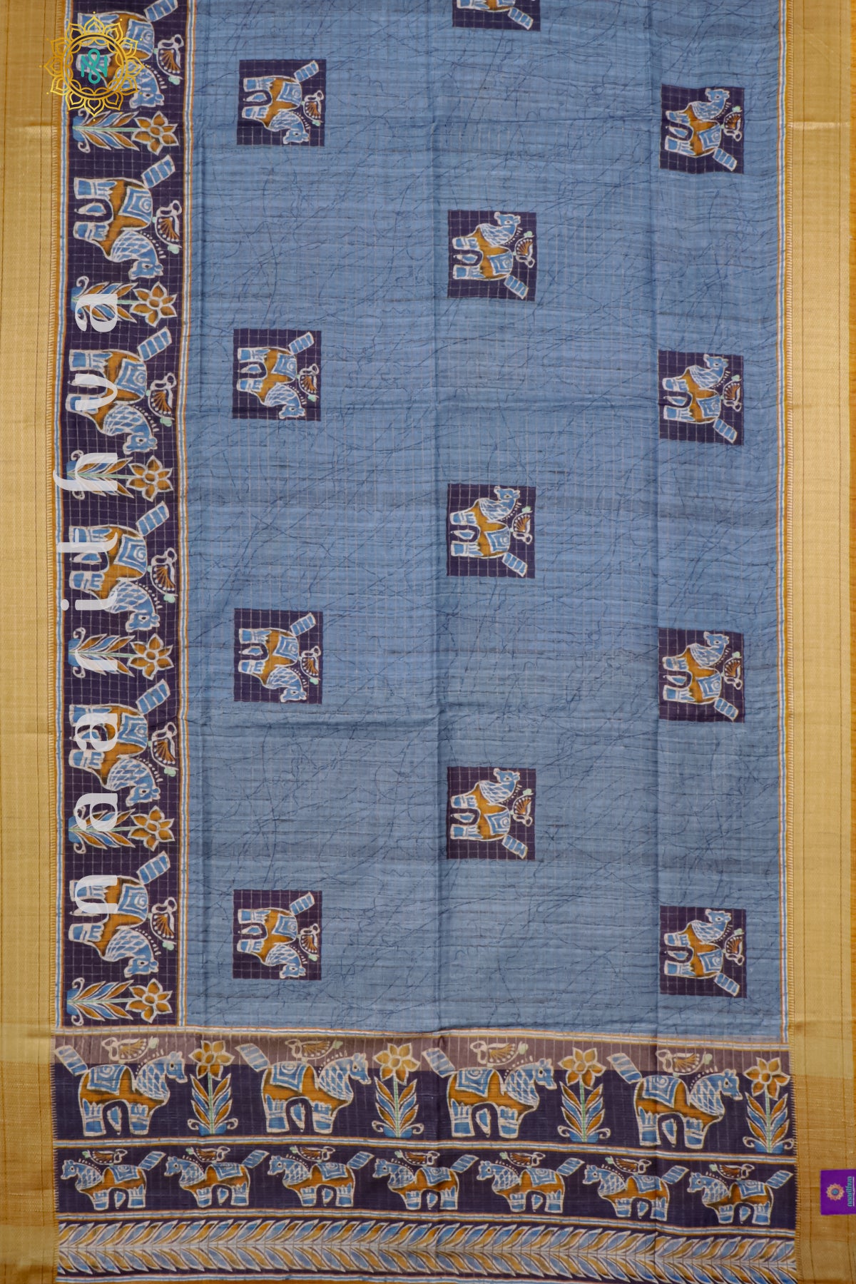 AQUA BLUE WITH MUSTARD - SEMI TUSSAR SILK