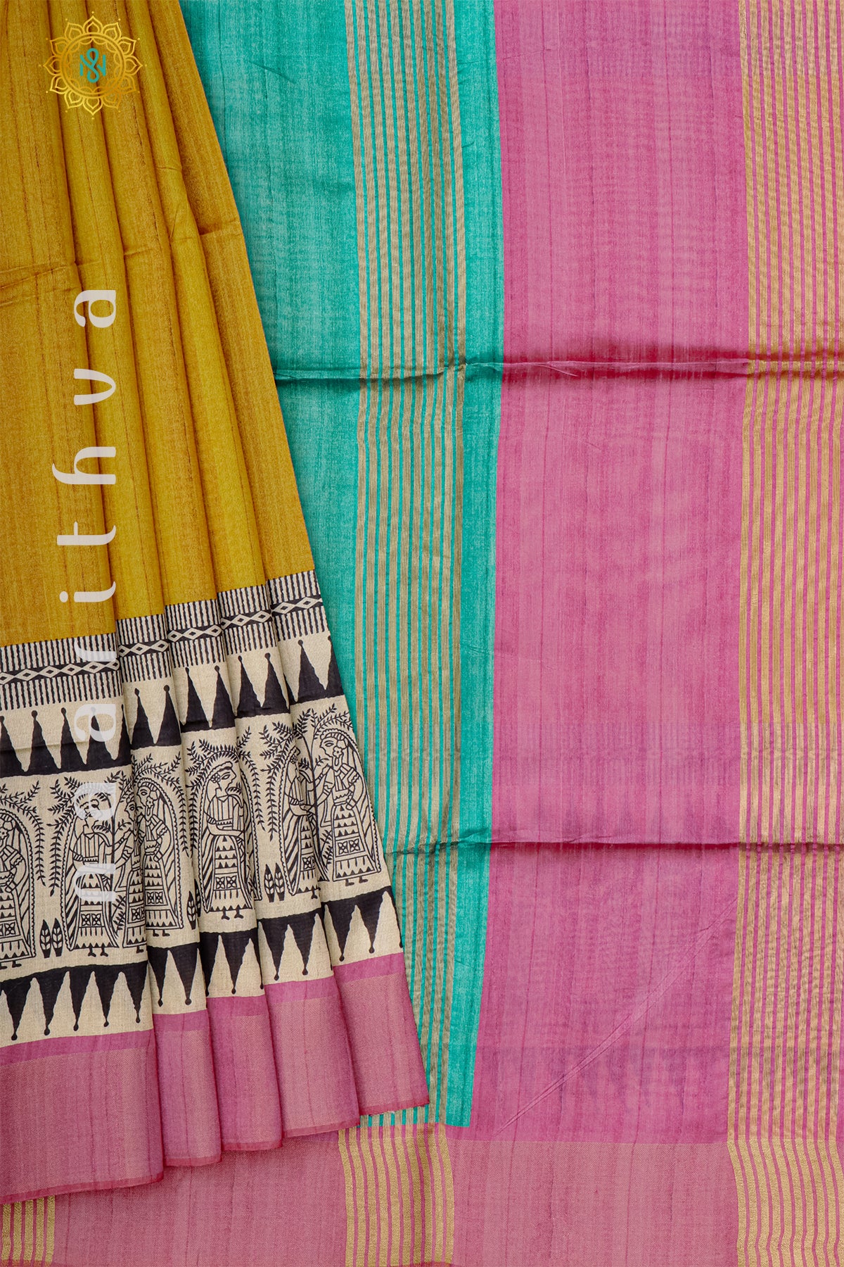 YELLOW WITH PINK & AQUA GREEN - SEMI TUSSAR SILK