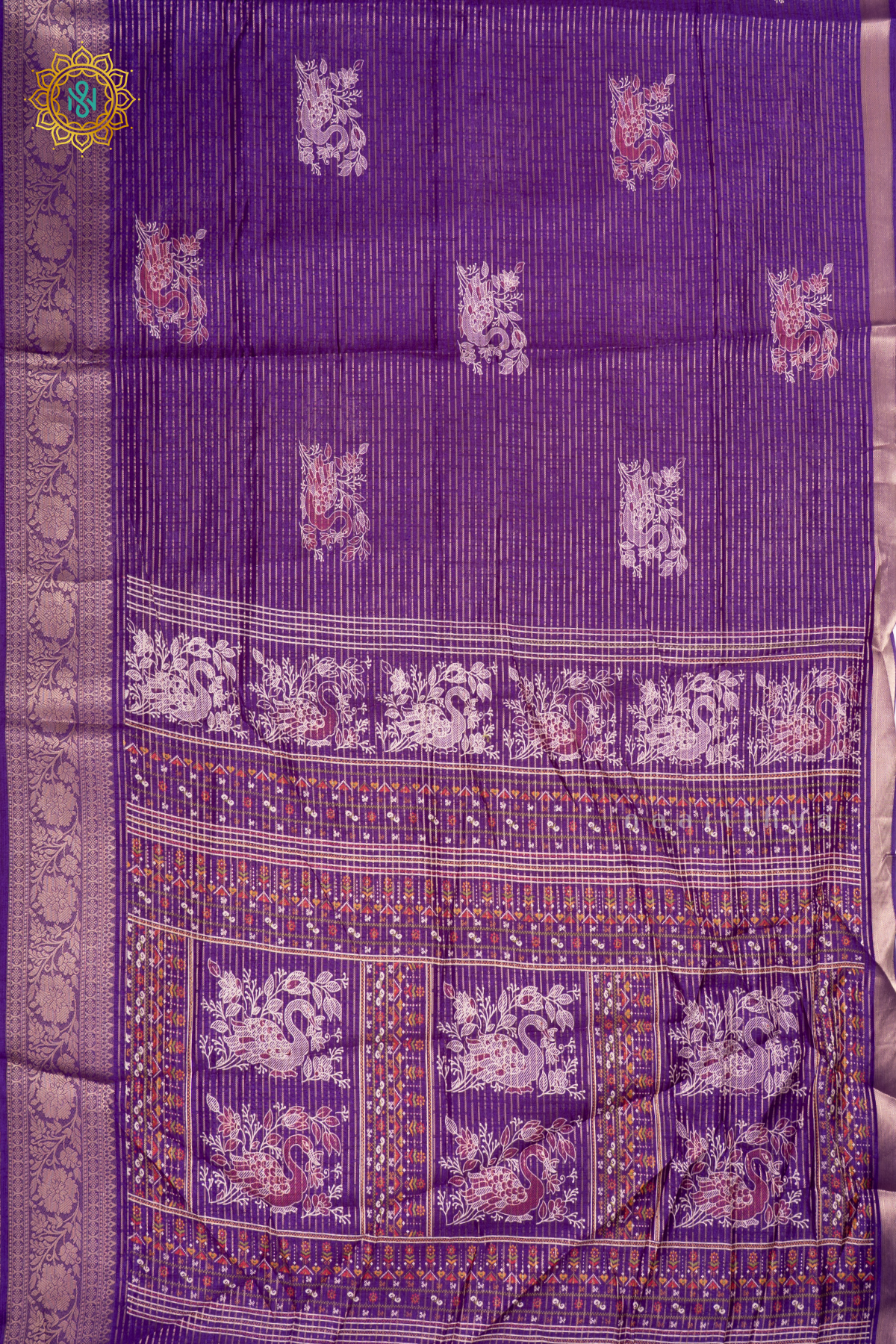Purple Dola Silk Saree With Allover Printed Buttas And Zari Stripes With Zari Border