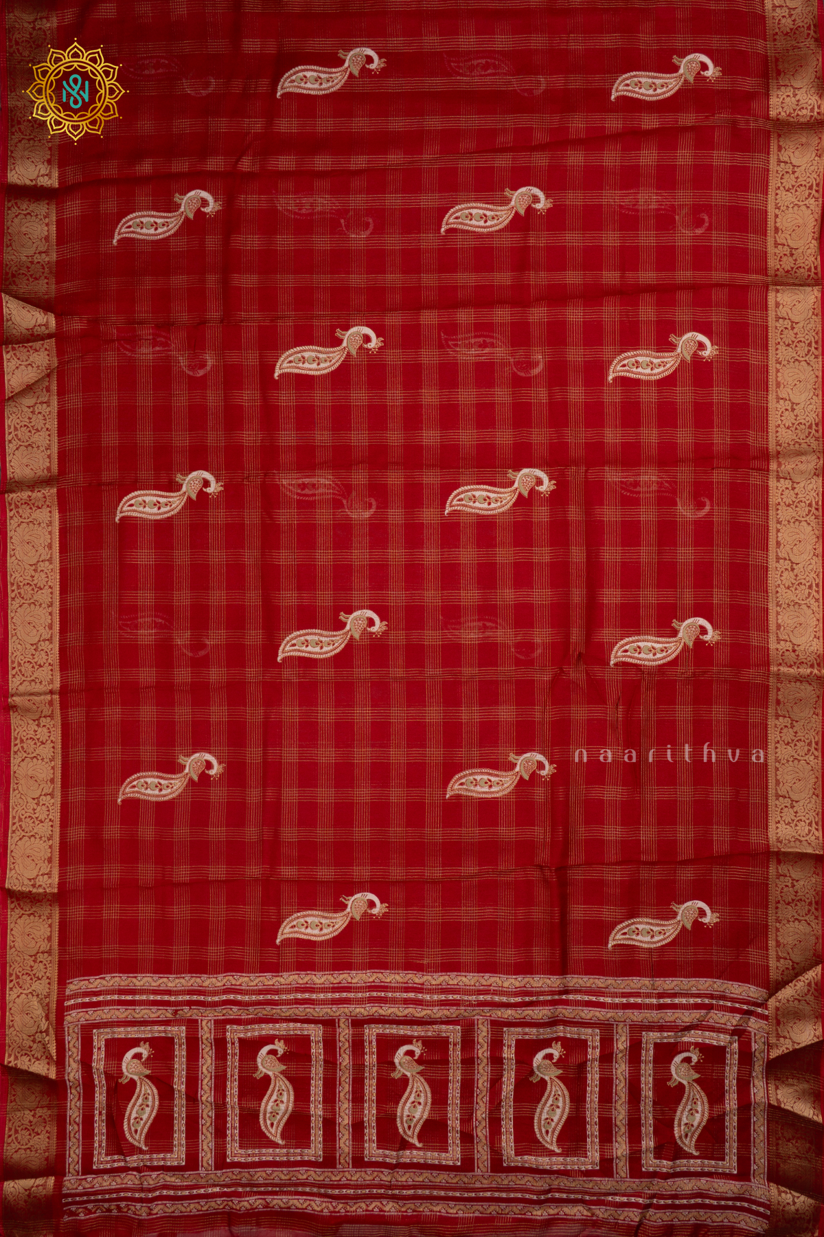 RED - SEMI GERORGETTE ZARI CHECKS BODY WITH PRINTED BUTTAS AND ZARI BORDER