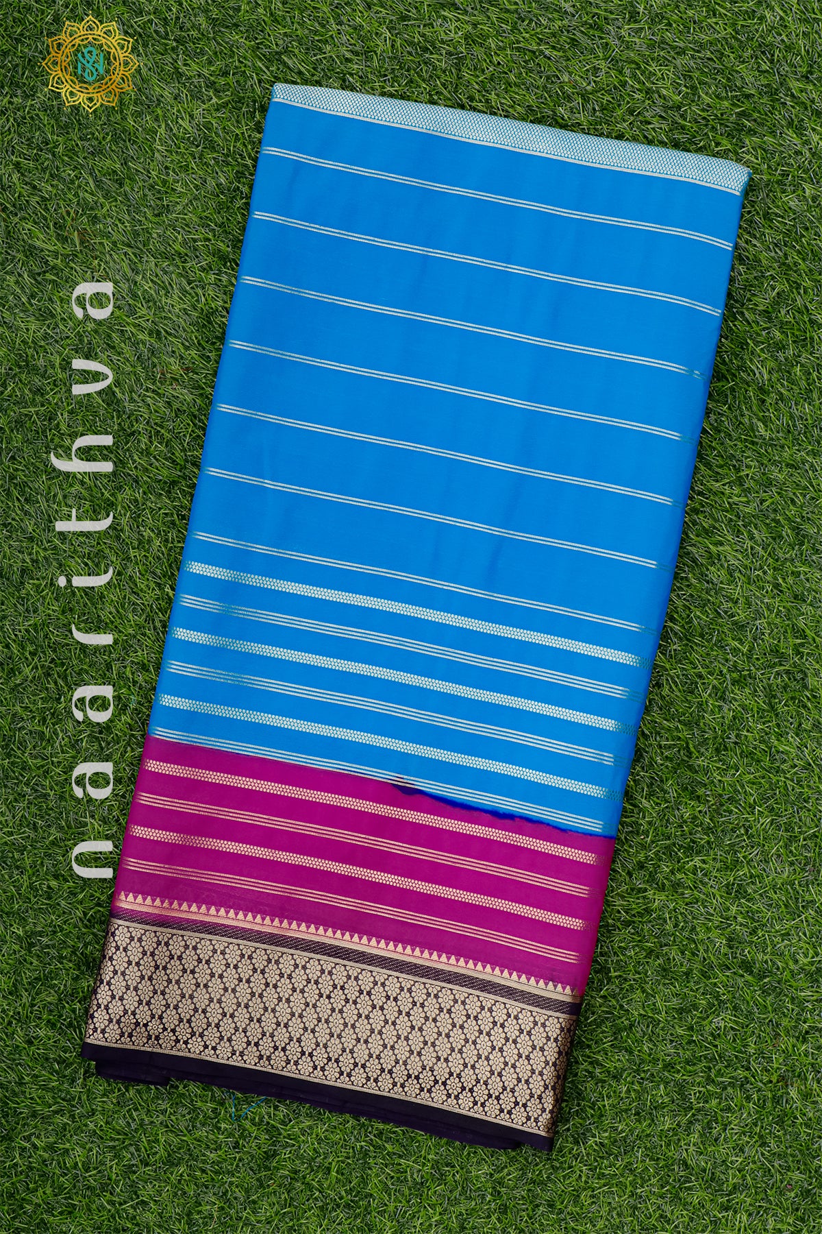 SKY BLUE WITH PINK & NAVY BLUE - SEMI MYSORE CREPE SILK