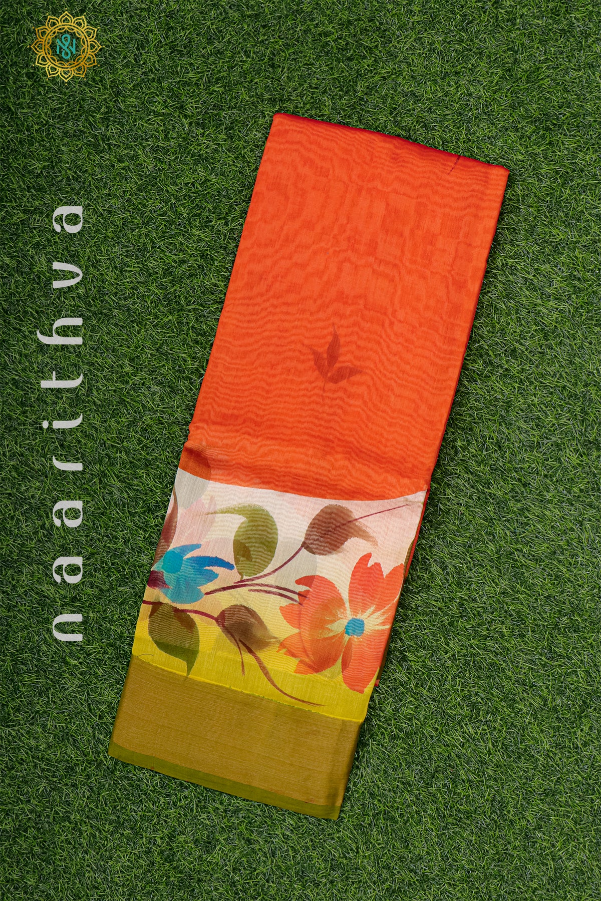 ORANGE WITH GREEN - CHANDERI SILK WITH HAND PAINTED