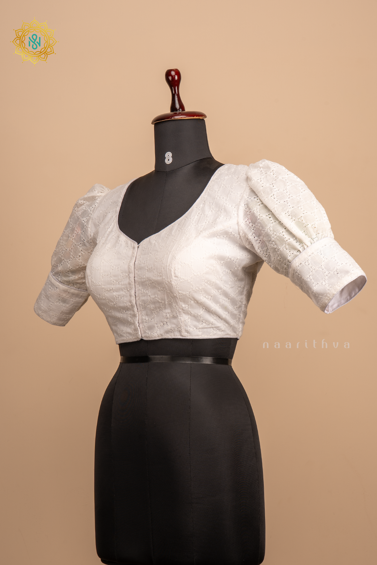 White - Cotton readymade blouse with hakoba work and puff sleeves