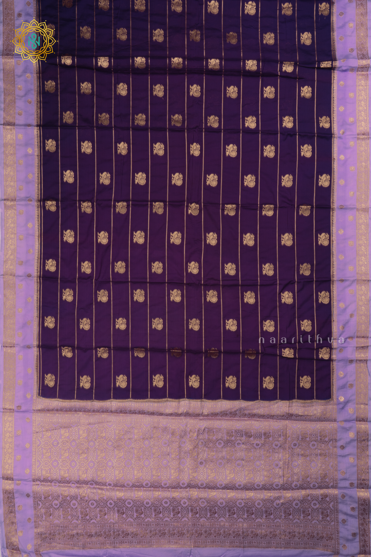 Purple with Lavender Semi Mysore Crepe Silk Saree with All-Over Zari Stripes and Zari Buttas on the Body and a Contrast Zari Border