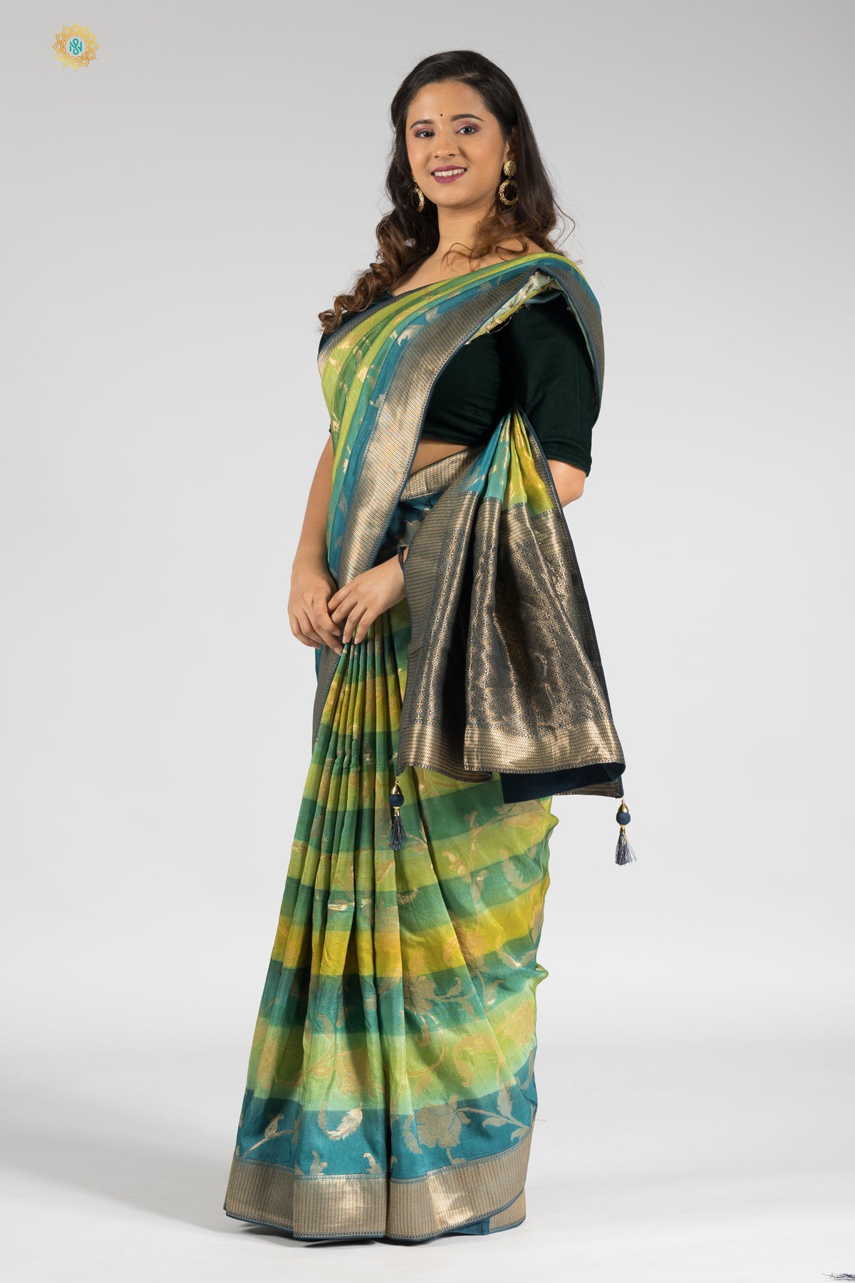 GREEN WITH BLUE - DESIGNER DOLA SILK WITH ZARI WEAVES & CONTRAST BLOUSE