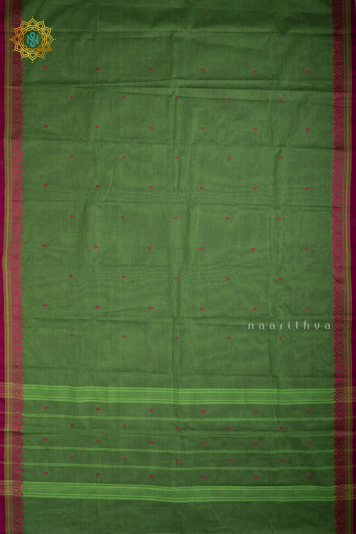 Parrot Green With Pink Chettinad Cotton Saree With Thread Woven Buttas & Contrast Border
