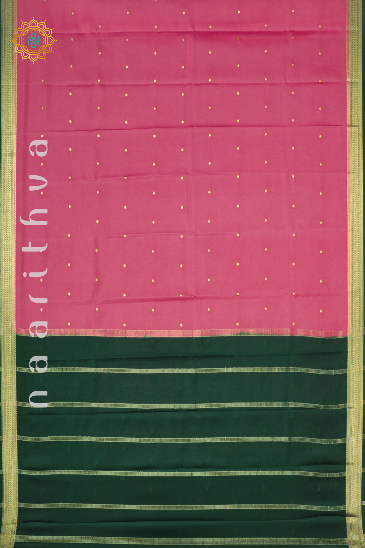 PEACHISH PINK WITH GREEN - PURE MYSORE CREPE SILK