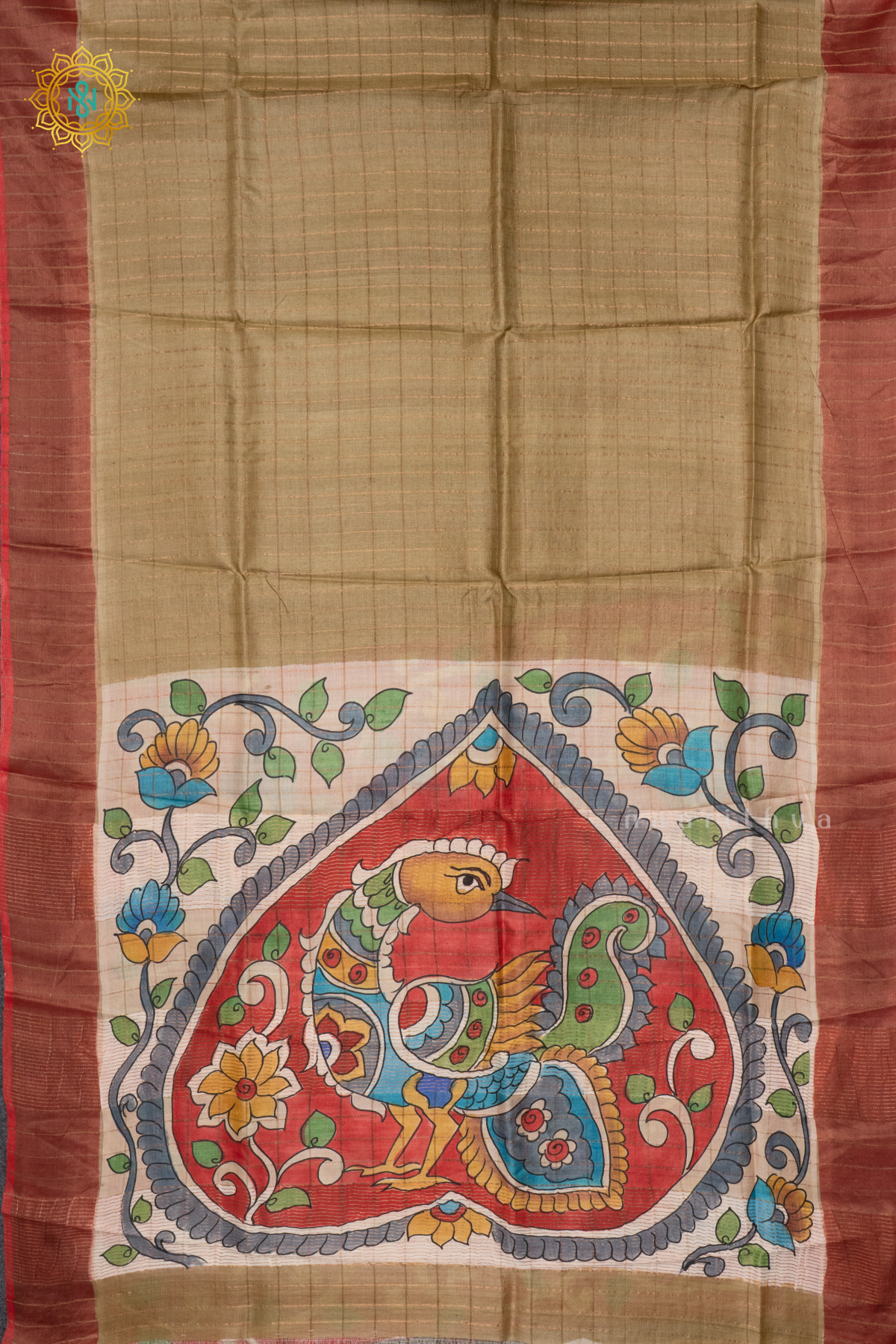 BEIGE WITH RED - PURE TUSSAR SILK