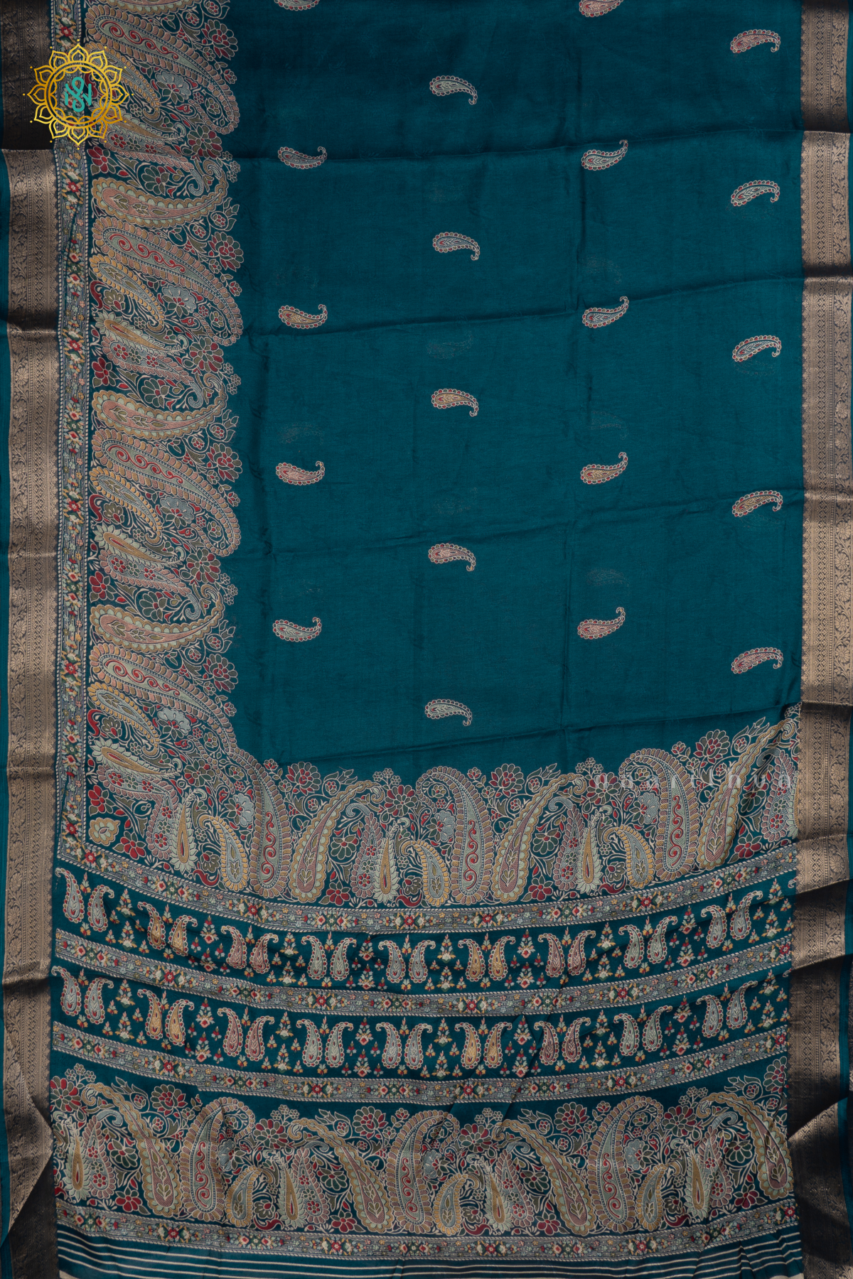 Peacock Blue - Semi Georgette Saree Printed Body With Zari Border